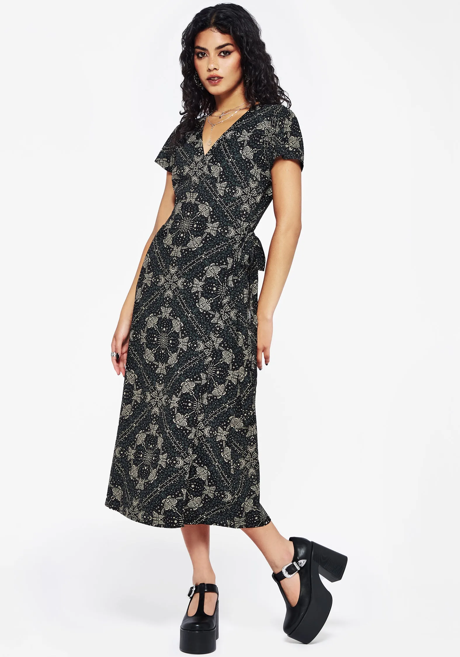 Poem Moth Print Wrap Midi Dress Summer Soft Balanced Mood