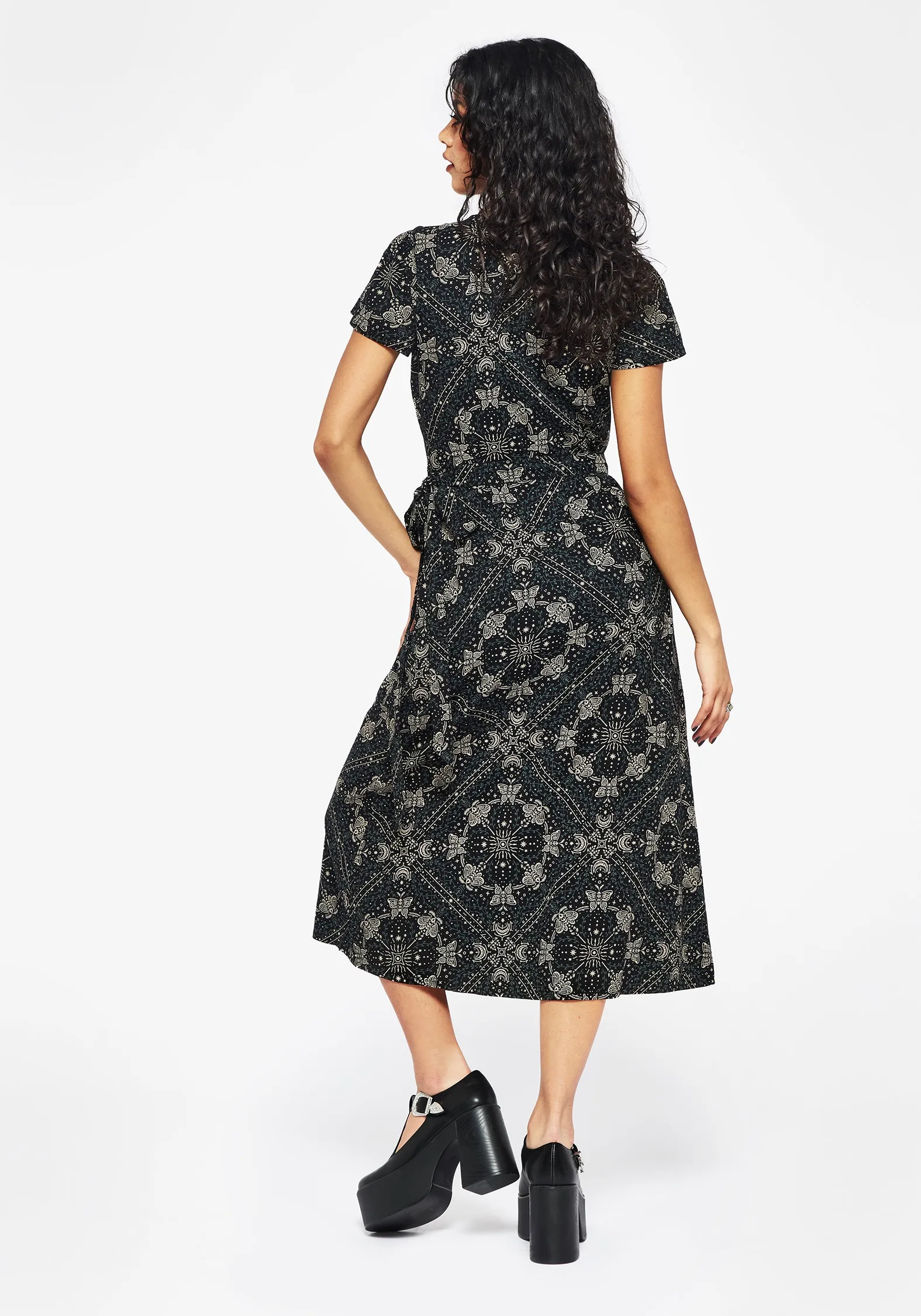 Poem Moth Print Wrap Midi Dress Dreamy Simplicity