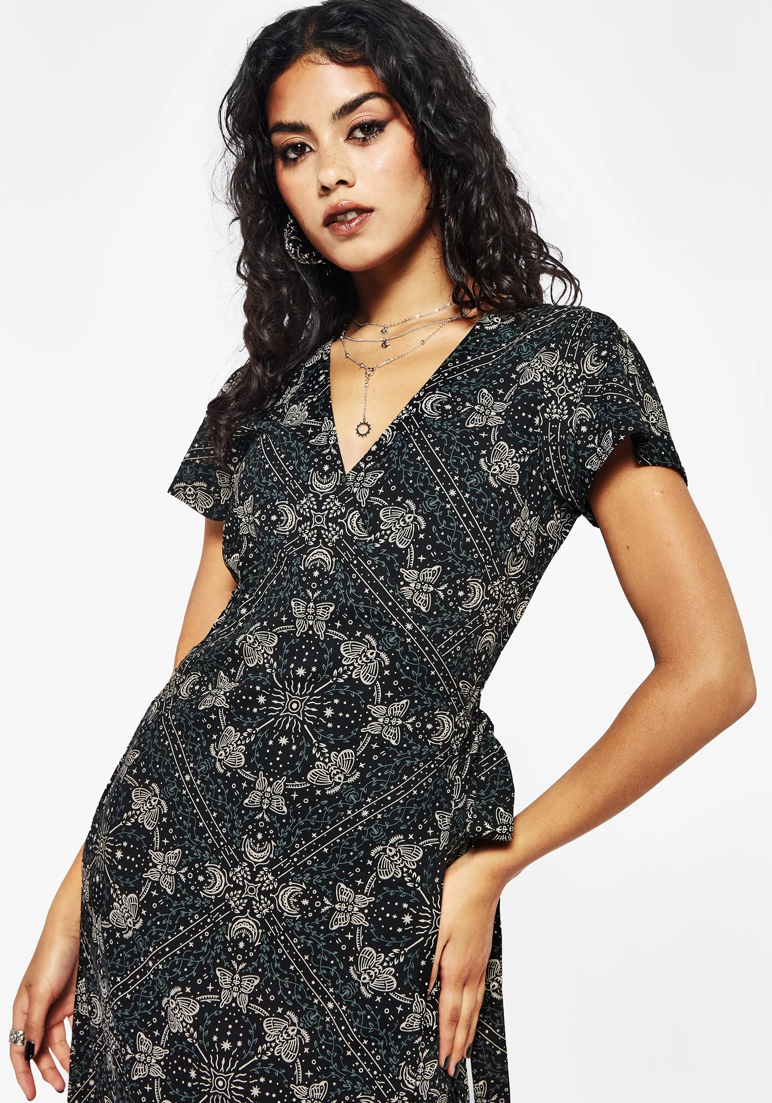 Sheer-Overlay Wrap Charm Poem Moth Print Wrap Midi Dress
