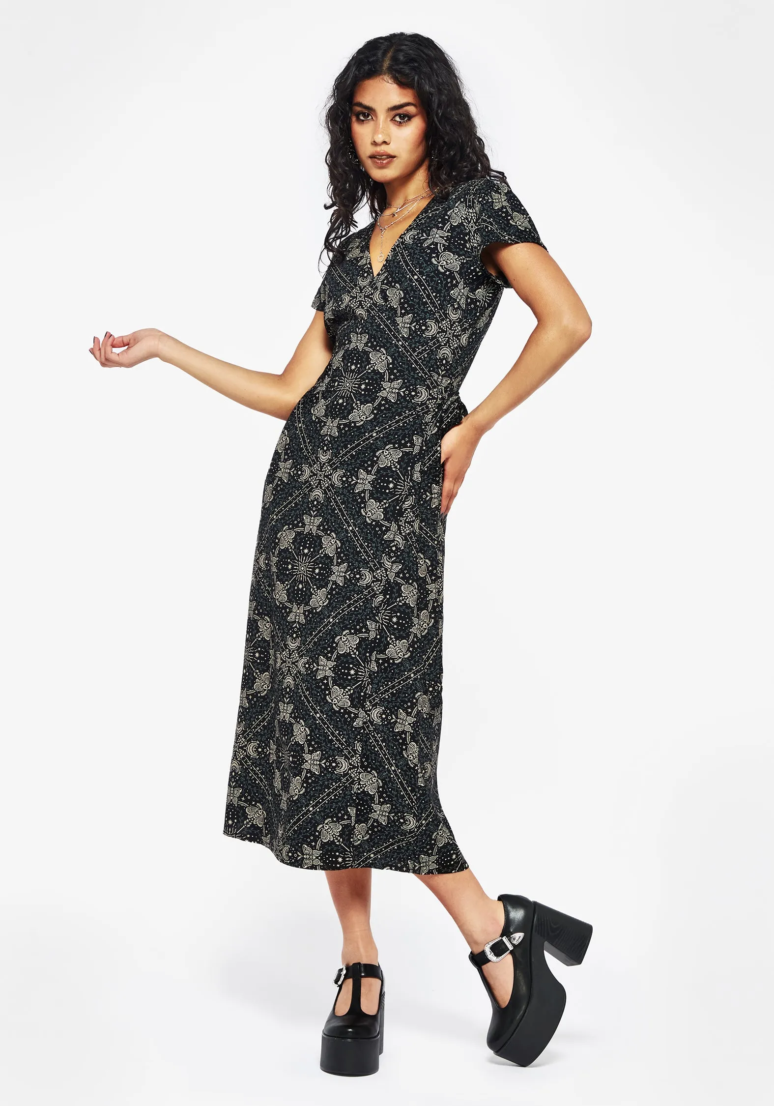 Poem Moth Print Wrap Midi Dress Satin Layers