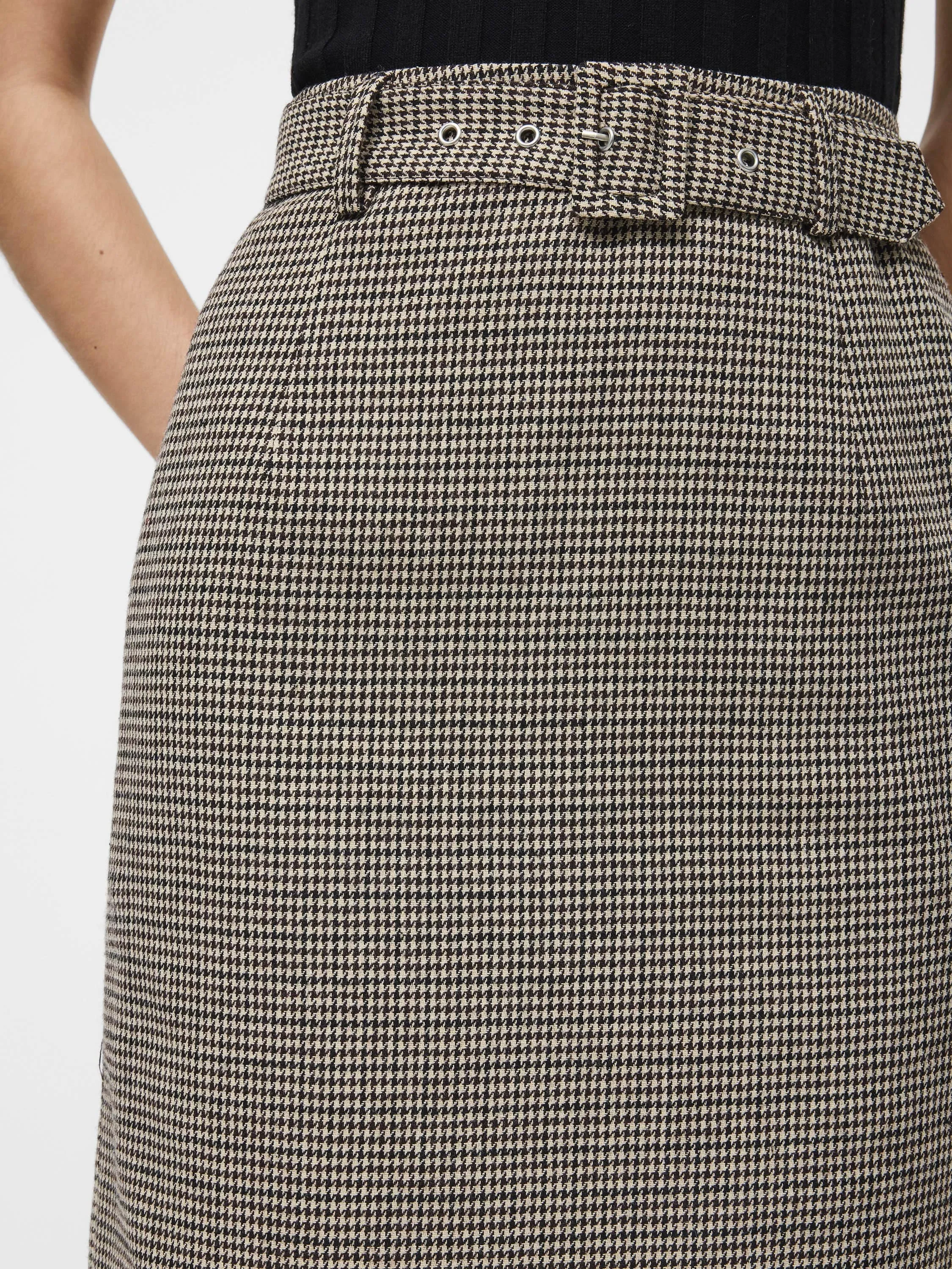 Outfit Shot Houndstooth Belted Midi Skirt