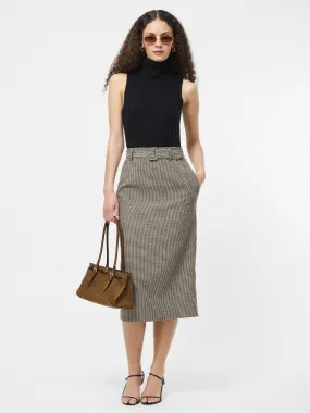 Houndstooth Belted Midi Skirt High Density Weave Vegan Material