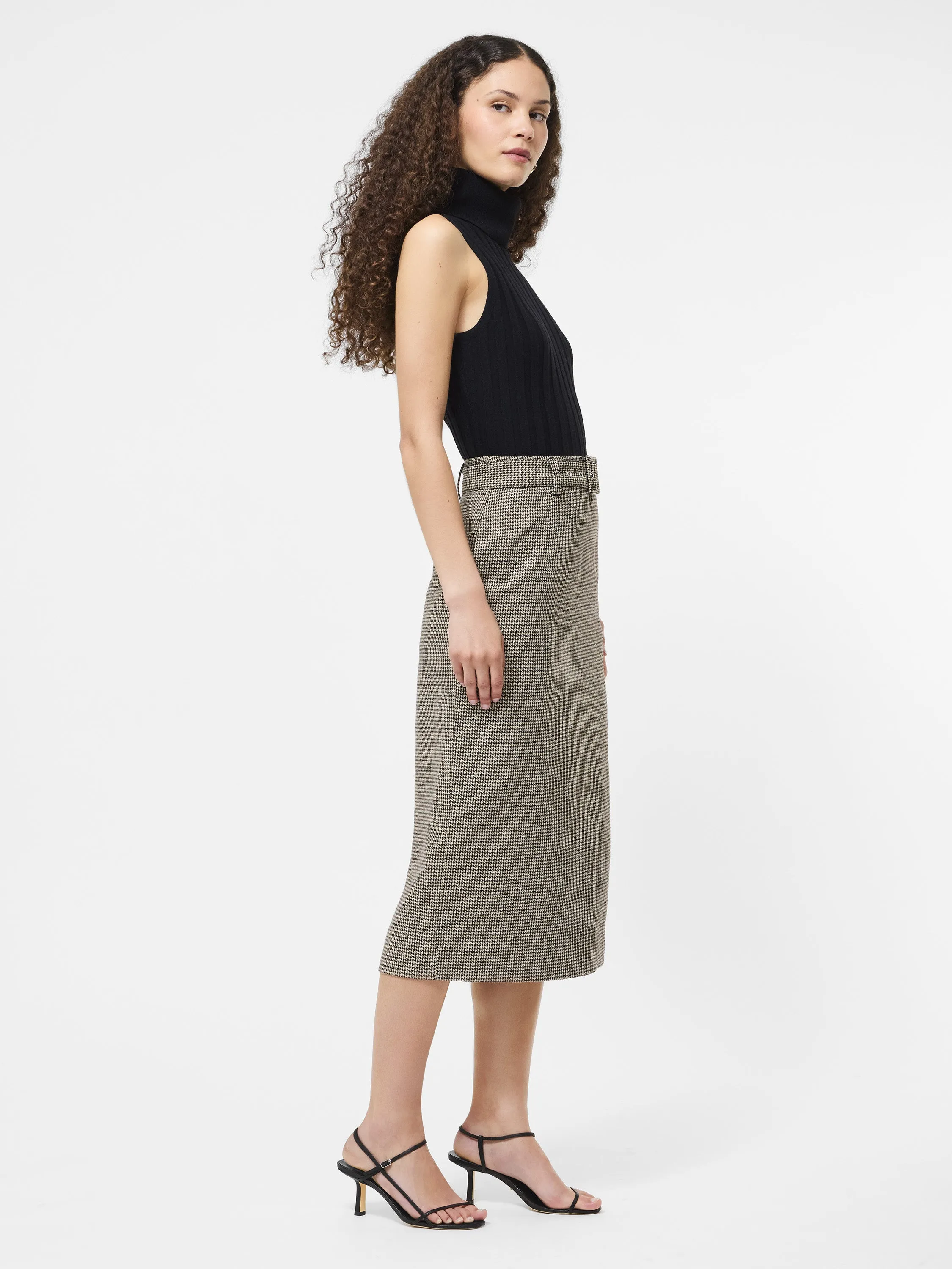 Houndstooth Belted Midi Skirt Cool Tone Easy Care