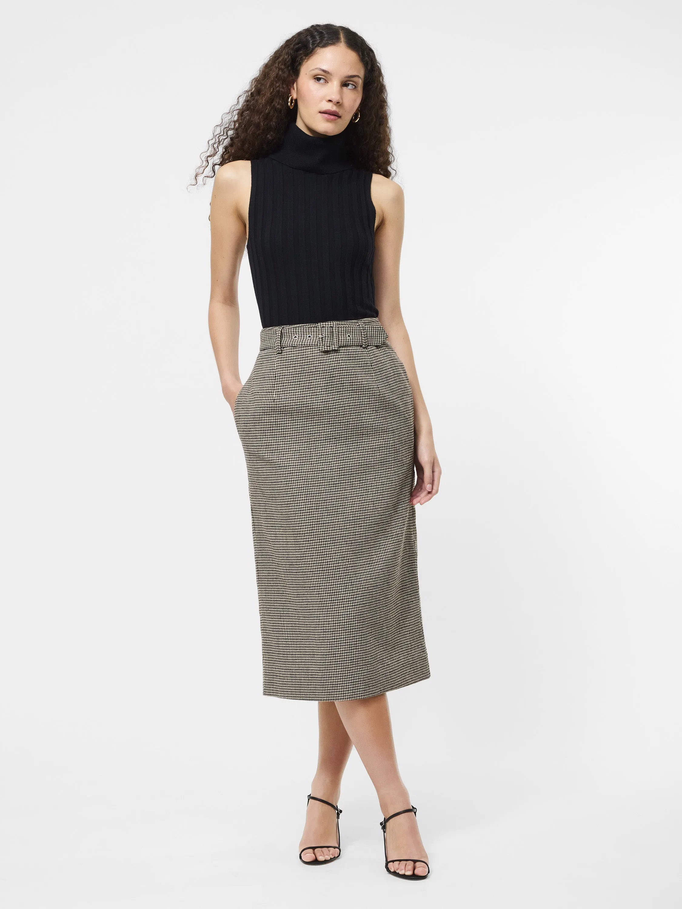 Innovative Fabric Elasticized Cuff Houndstooth Belted Midi Skirt