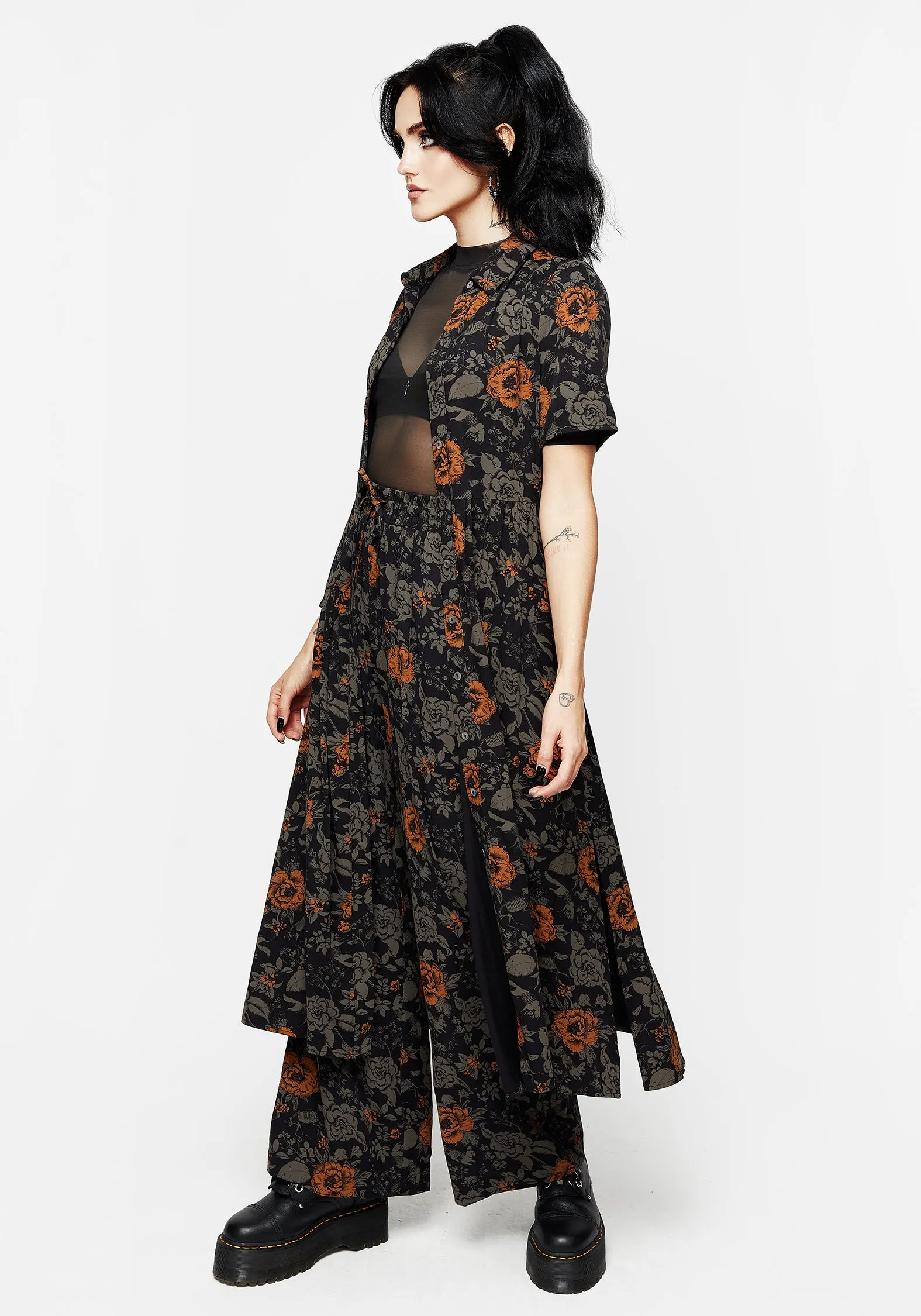 Mortify Floral Print Wide Leg Trousers Elastic Cuff