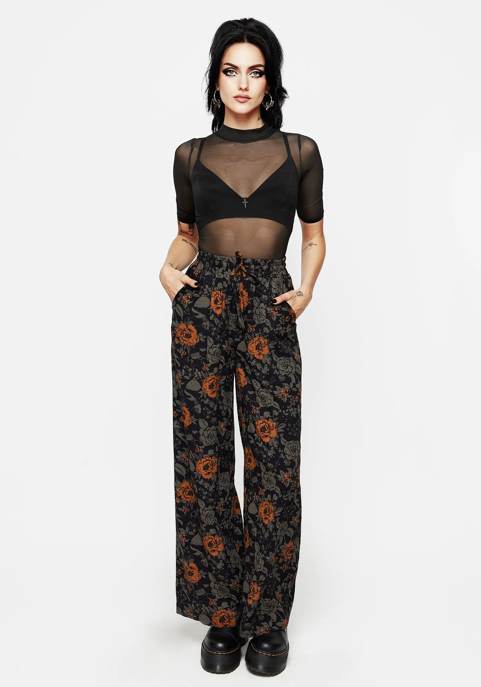 Ventilated Panels Mortify Floral Print Wide Leg Trousers