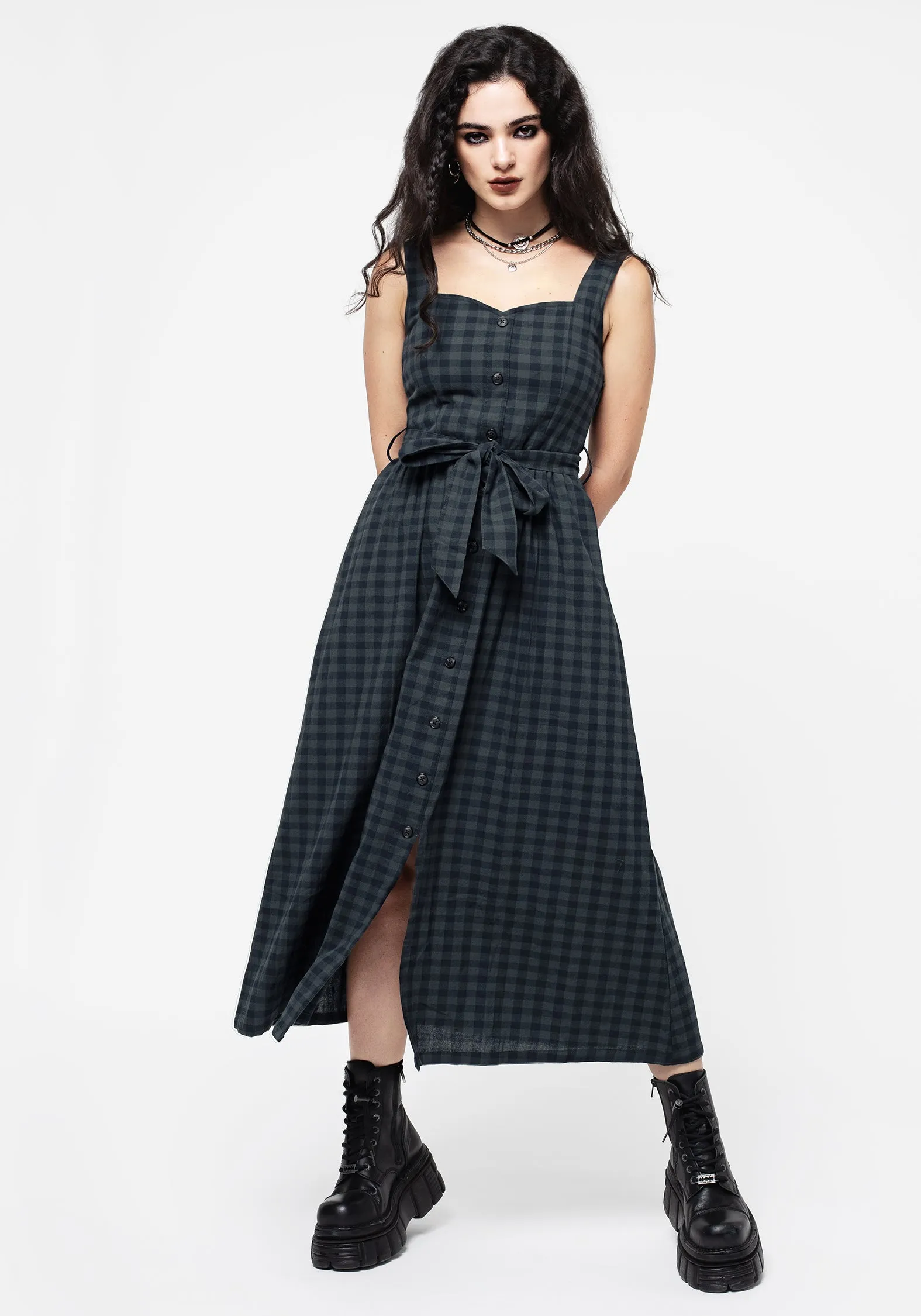 Social Ease Gender Fluid Jeannie Check Cotton Belted Apron Maxi Dress