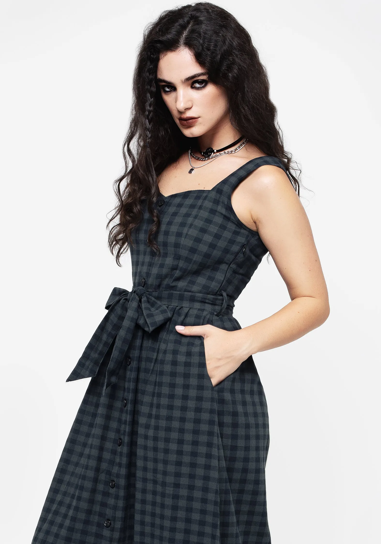 Flowing Fit Jeannie Check Cotton Belted Apron Maxi Dress