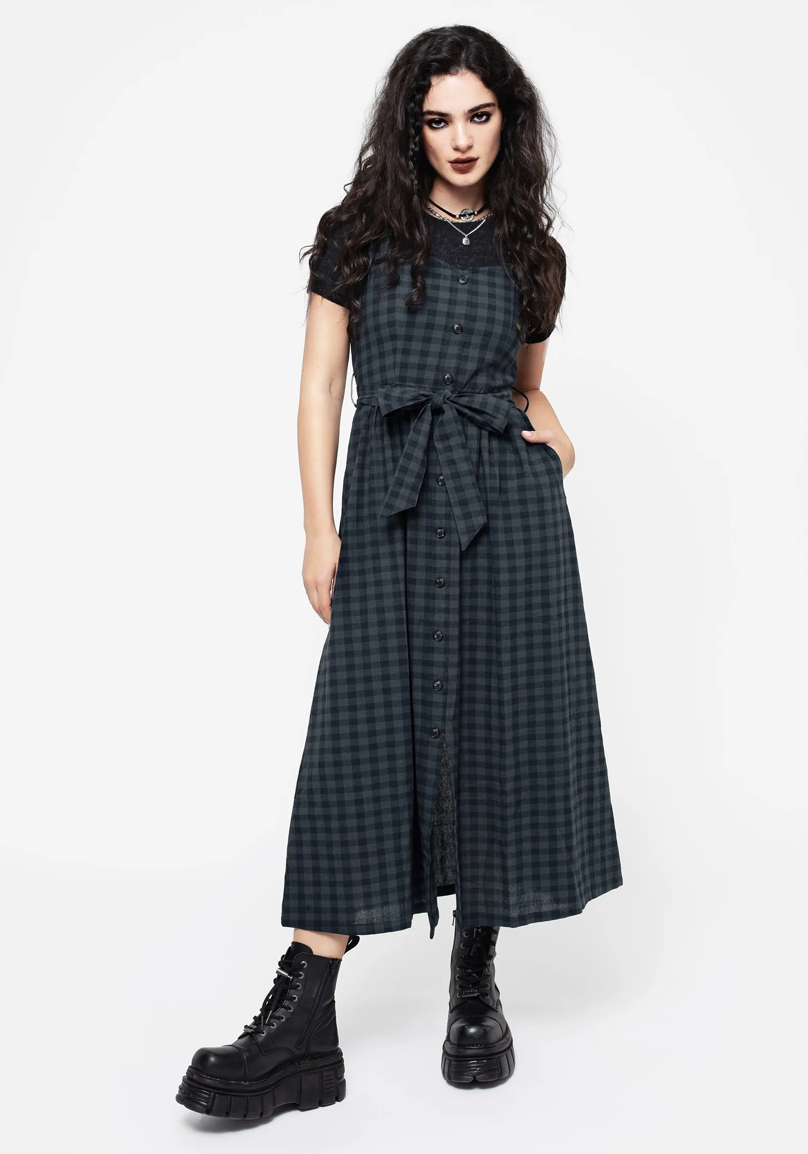 Luxe Touch Luxe Appeal Jeannie Check Cotton Belted Apron Maxi Dress