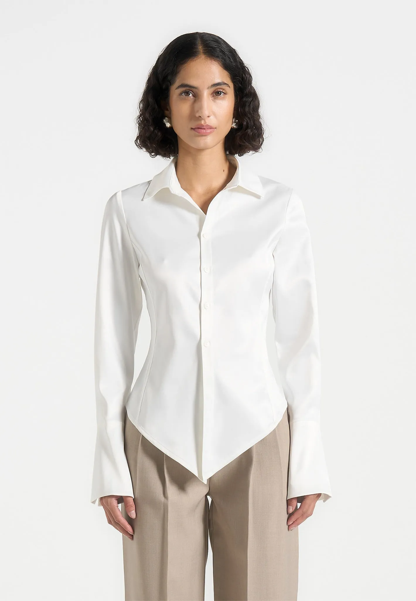 GarmentDyedTexture Trendy Comfort Sonia - Angled Satin Shirt - White
