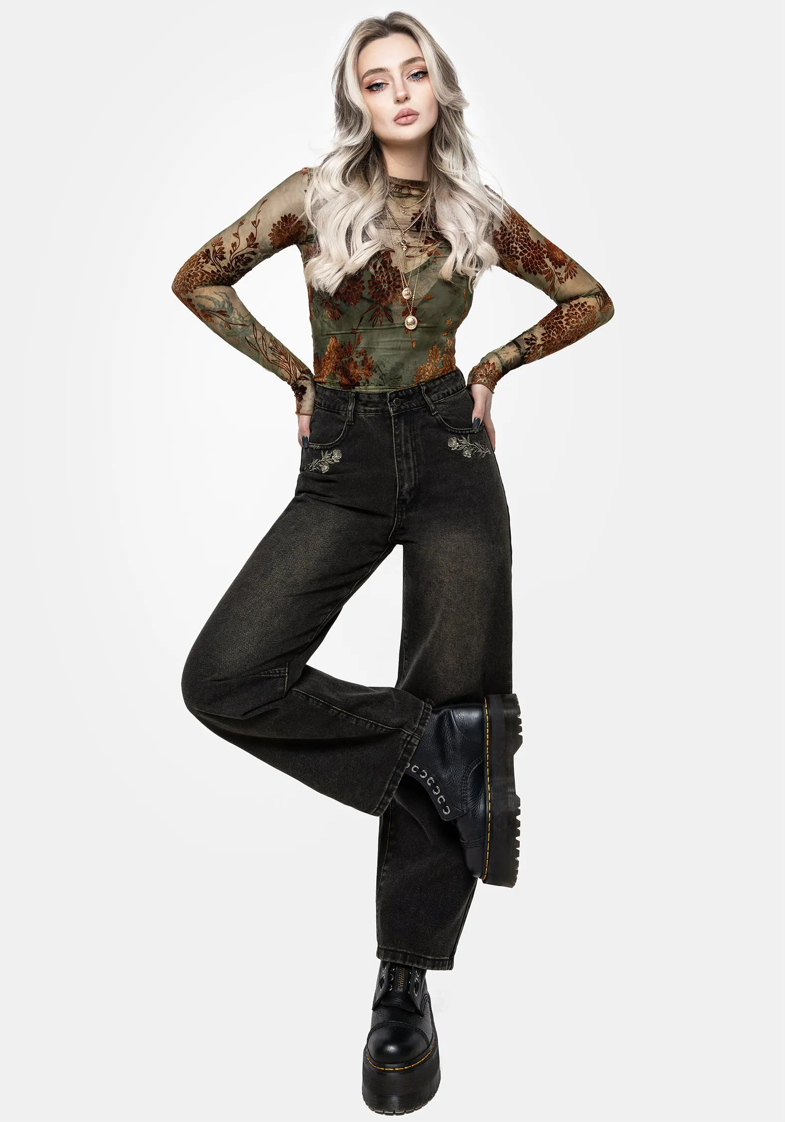 Veltha Floral Embroidered Denim Barrel Leg Jeans Simple Utility Low Impact Dye
