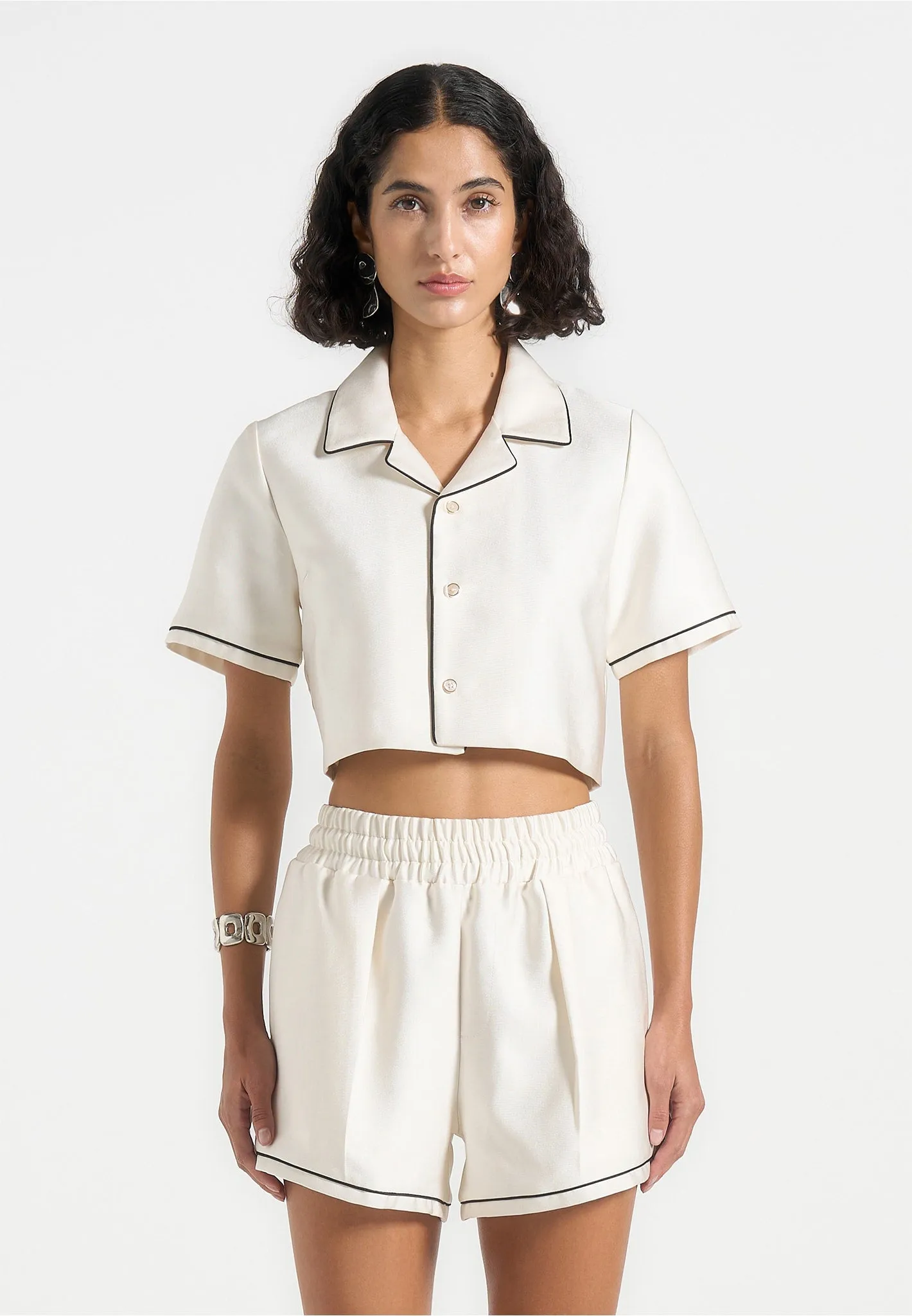 Comfort and style Maude - Satin Cropped Shirt with Piping - Off White