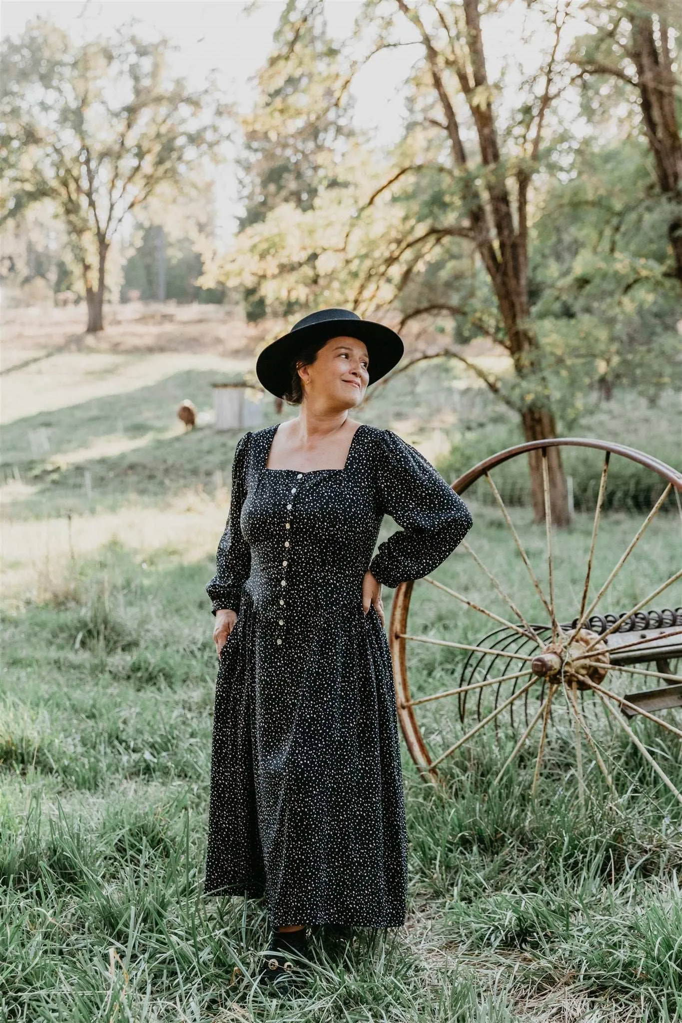 Prairie Dress in Black Dot Square Neck