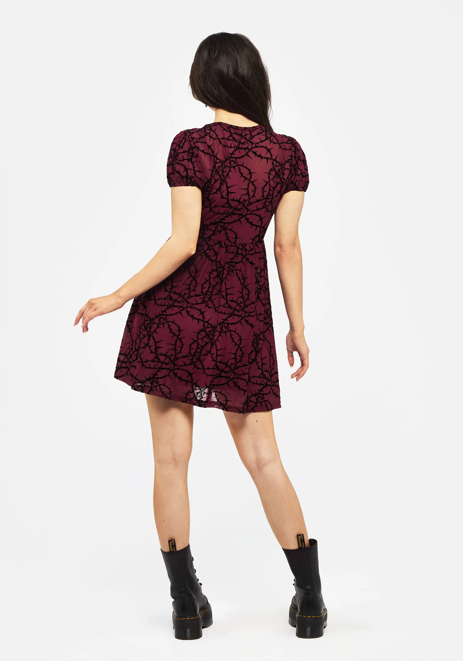 Fall Silhouette Repair-Friendly Prickle Thorn Print Mesh Puff Sleeve Mini Dress