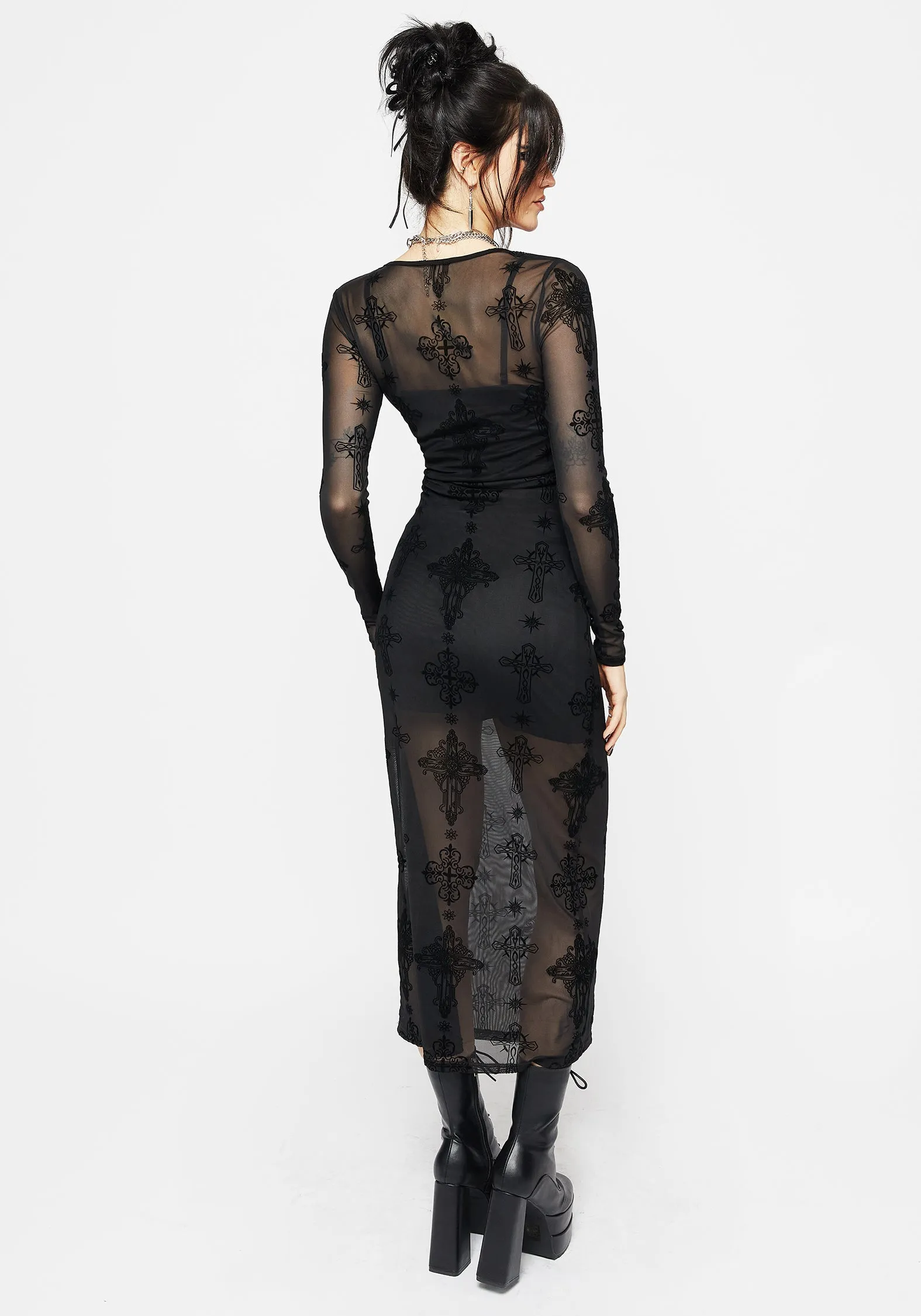Sleek Presence Compressible Priestess Flocked Mesh Maxi Dress