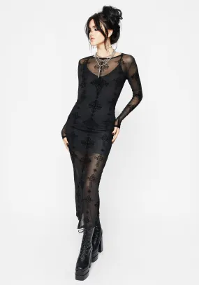 Lined interior Natural Silhouette Priestess Flocked Mesh Maxi Dress