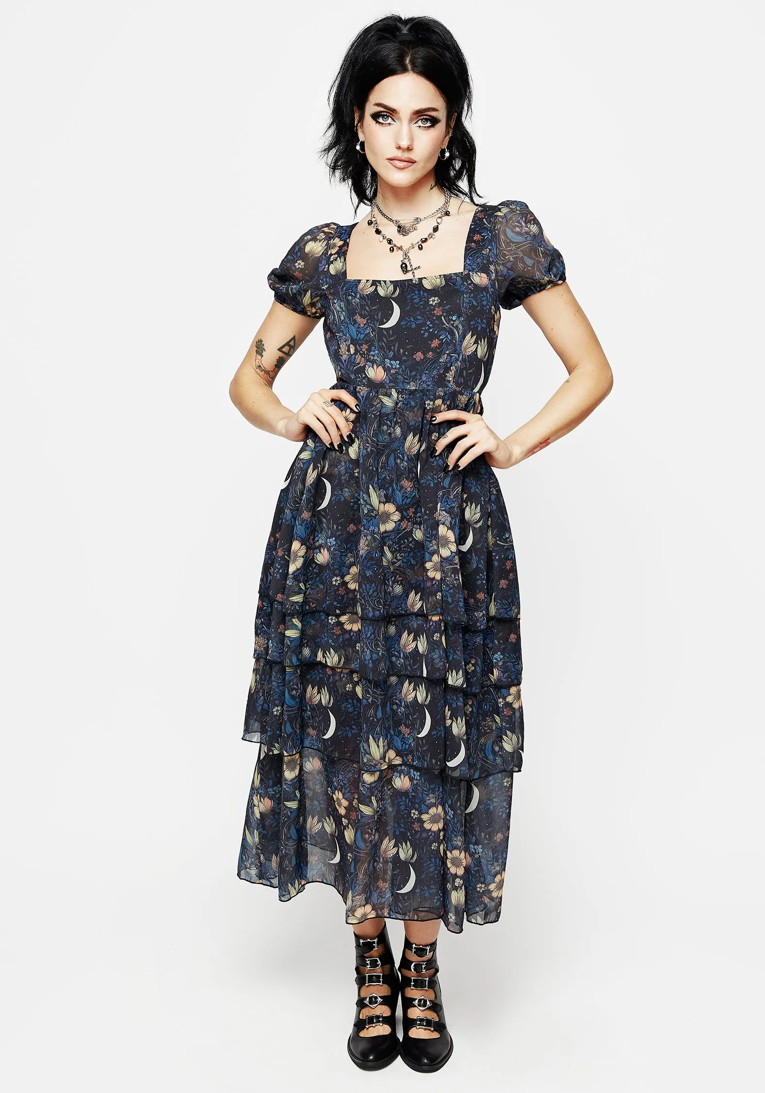 Primrose Floral Chiffon Layered Midaxi Dress Sophisticated Cut Simple Yet Elegant