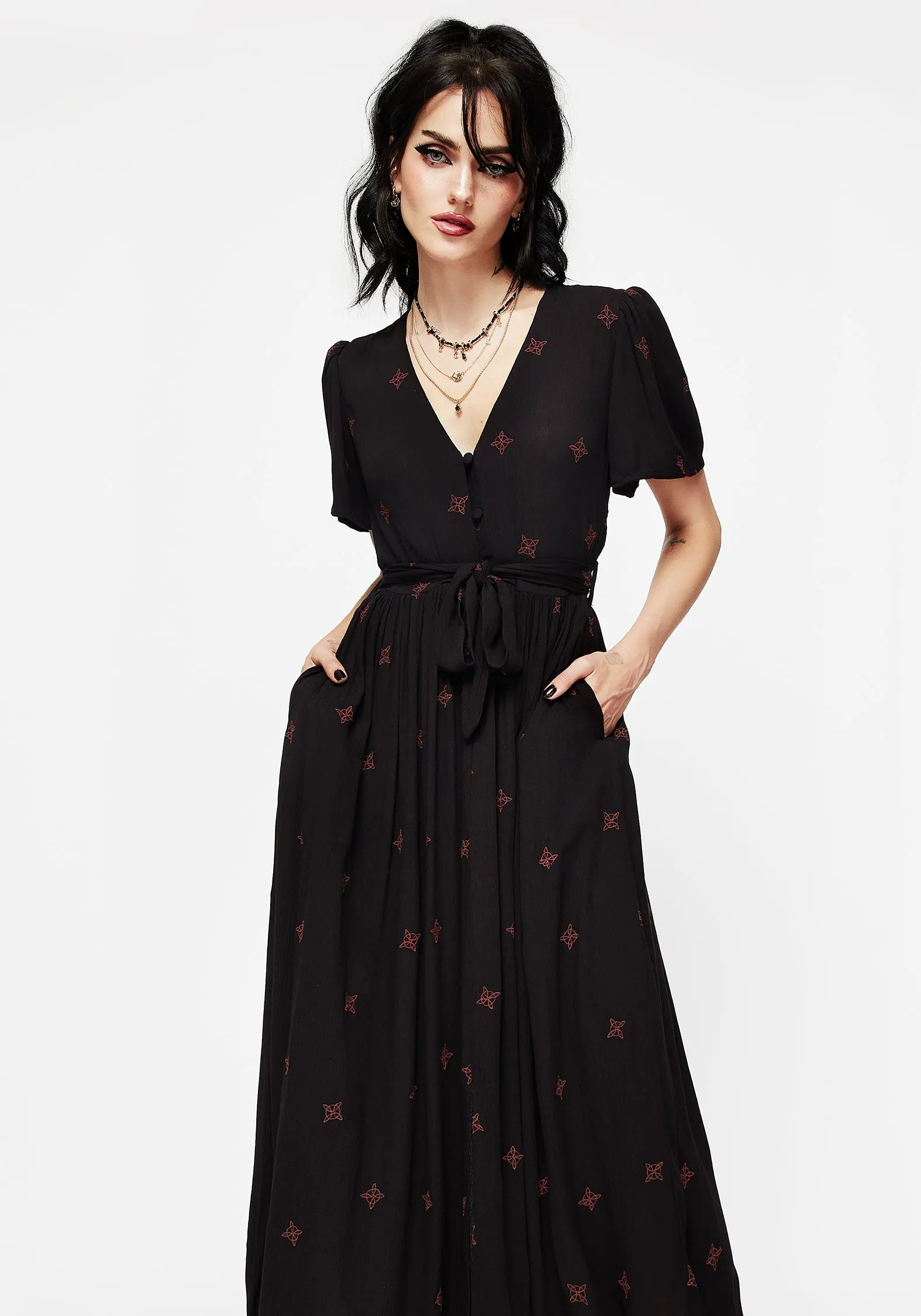 Sublime Witches Knot Embroidered Button Up Midi Dress Button-Cuff Zip Closure