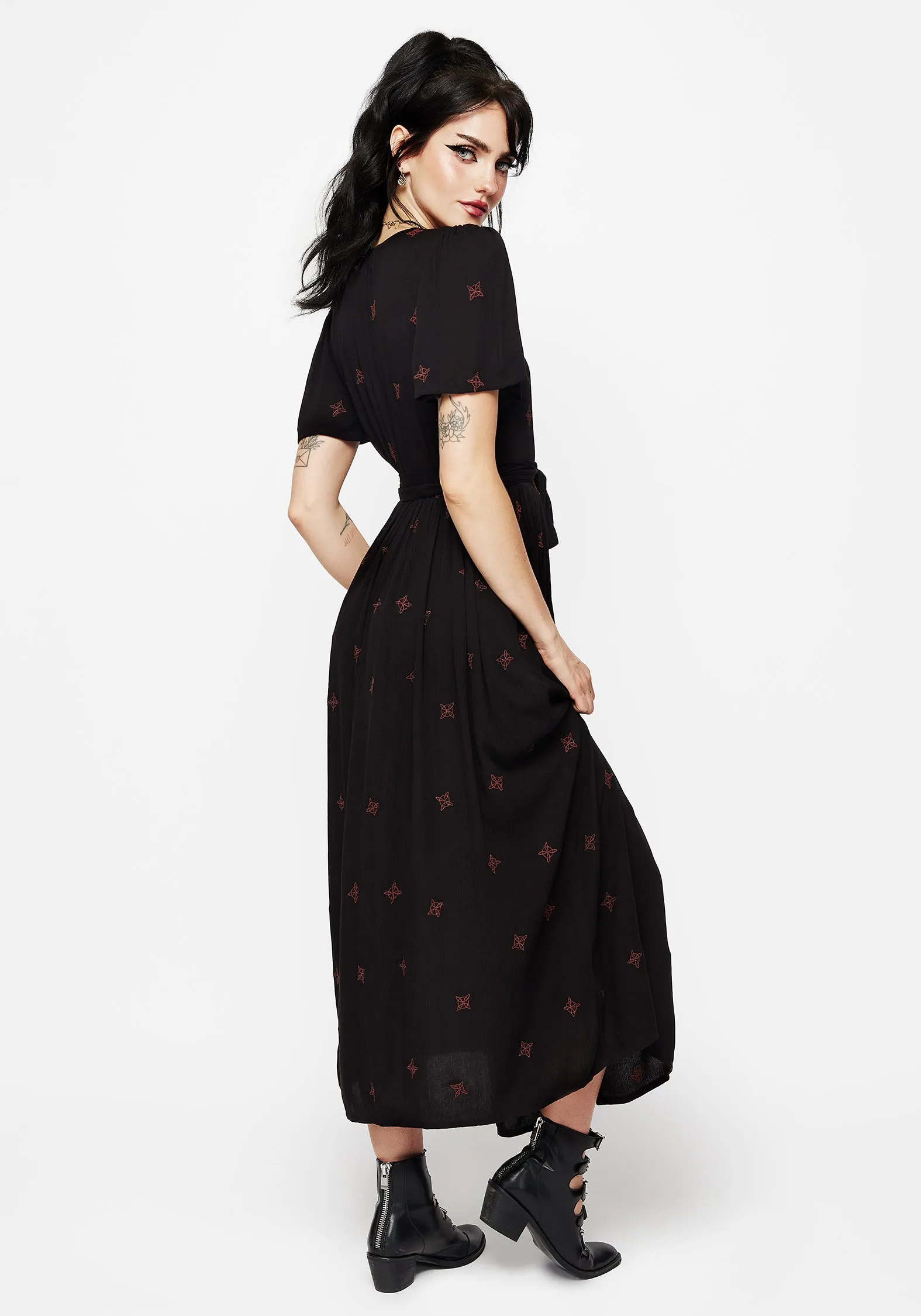 Sheer Overlay Smocked-Detail Sublime Witches Knot Embroidered Button Up Midi Dress