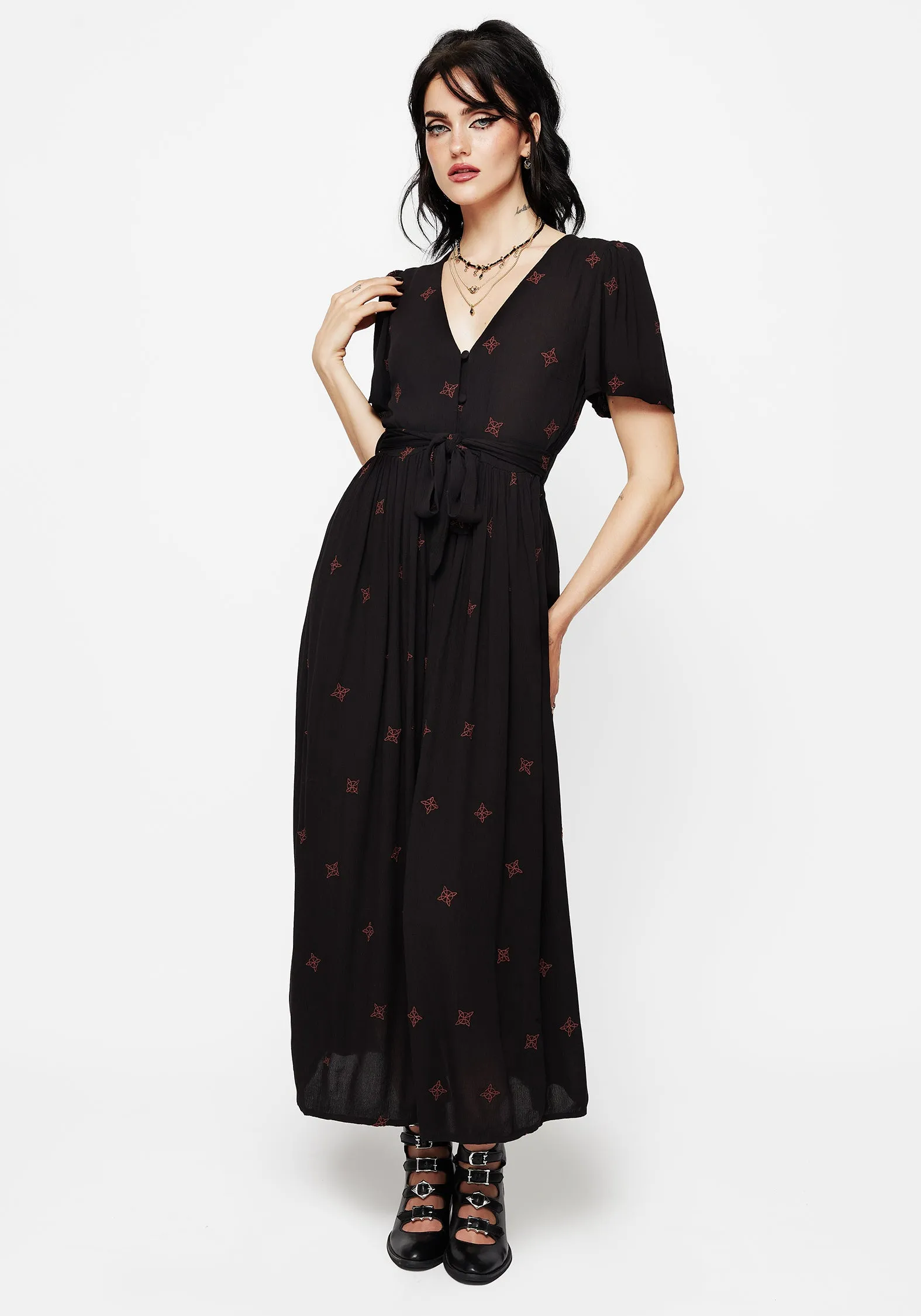 Sublime Witches Knot Embroidered Button Up Midi Dress Daytime Mood Sophisticated Charm
