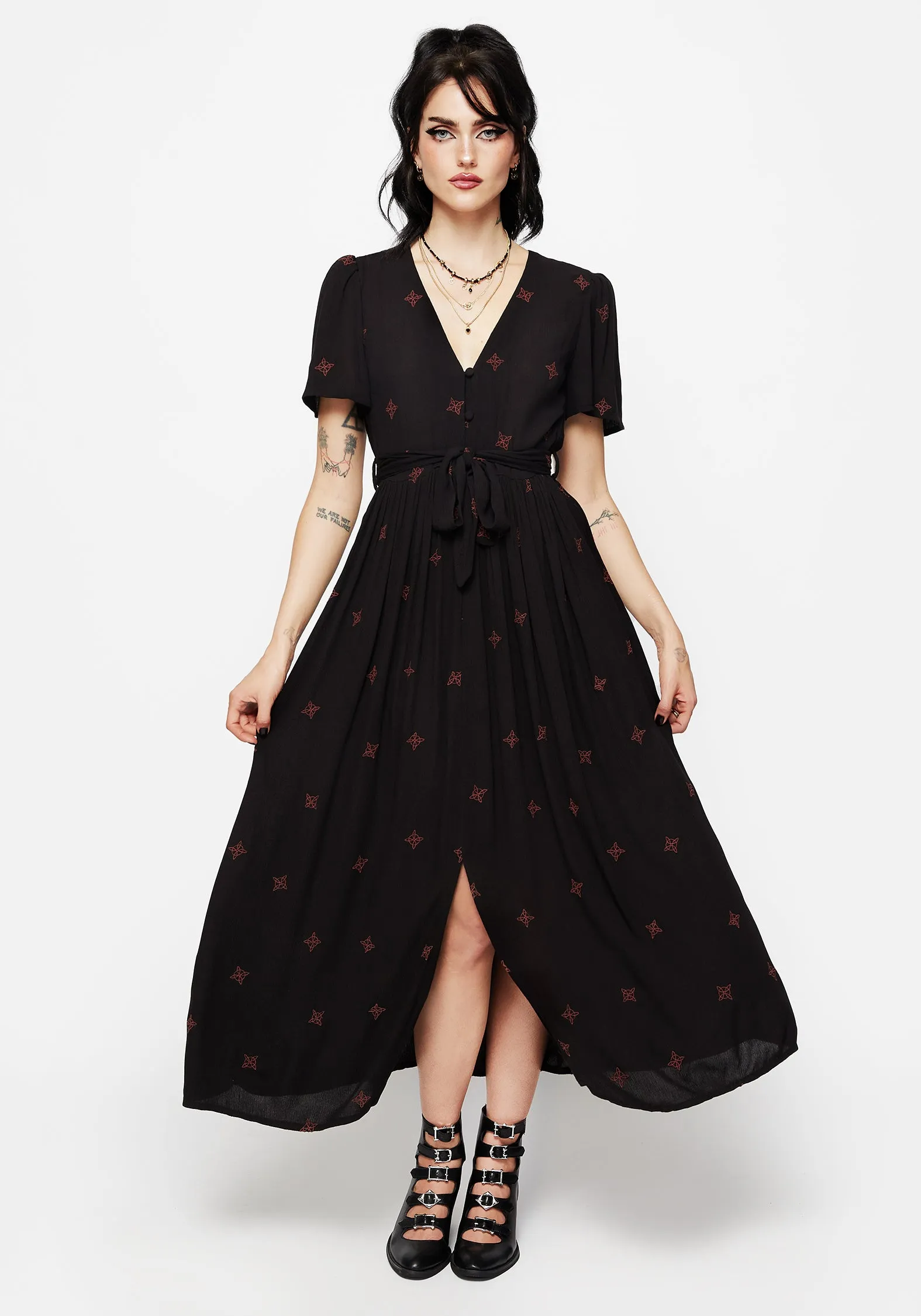 Removable-Straps Sublime Witches Knot Embroidered Button Up Midi Dress