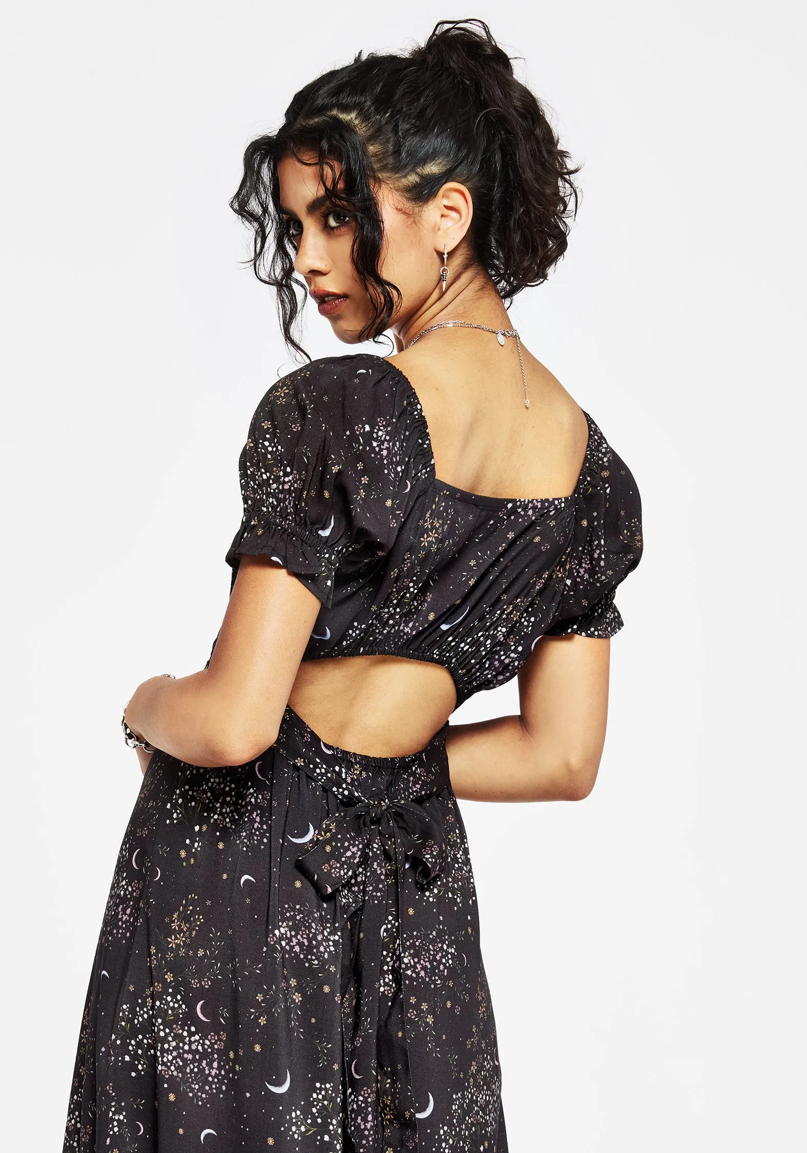 Pure Tone Off-Shoulder Peaseblossom Celestial Back Cut Out Midi Dress