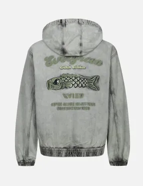 NeutralPalette Heather Effect Finish Koinobori and Seagull Embroidery Loose Fit Hooded Denim Jacket