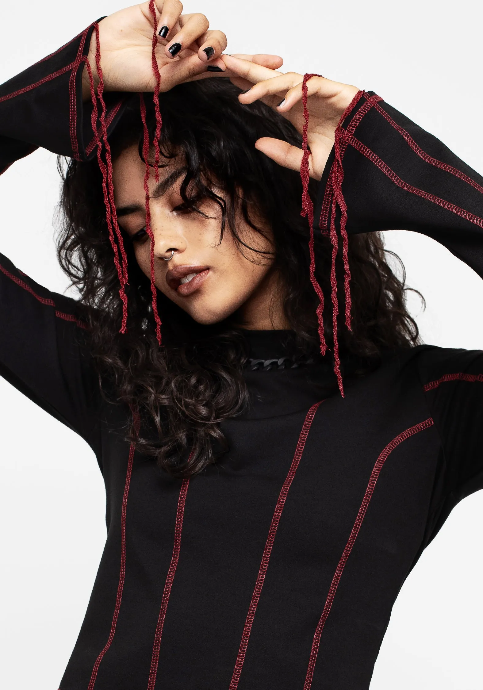 No Iron Fabric Lissa Contrast Stitch Long Sleeve Top