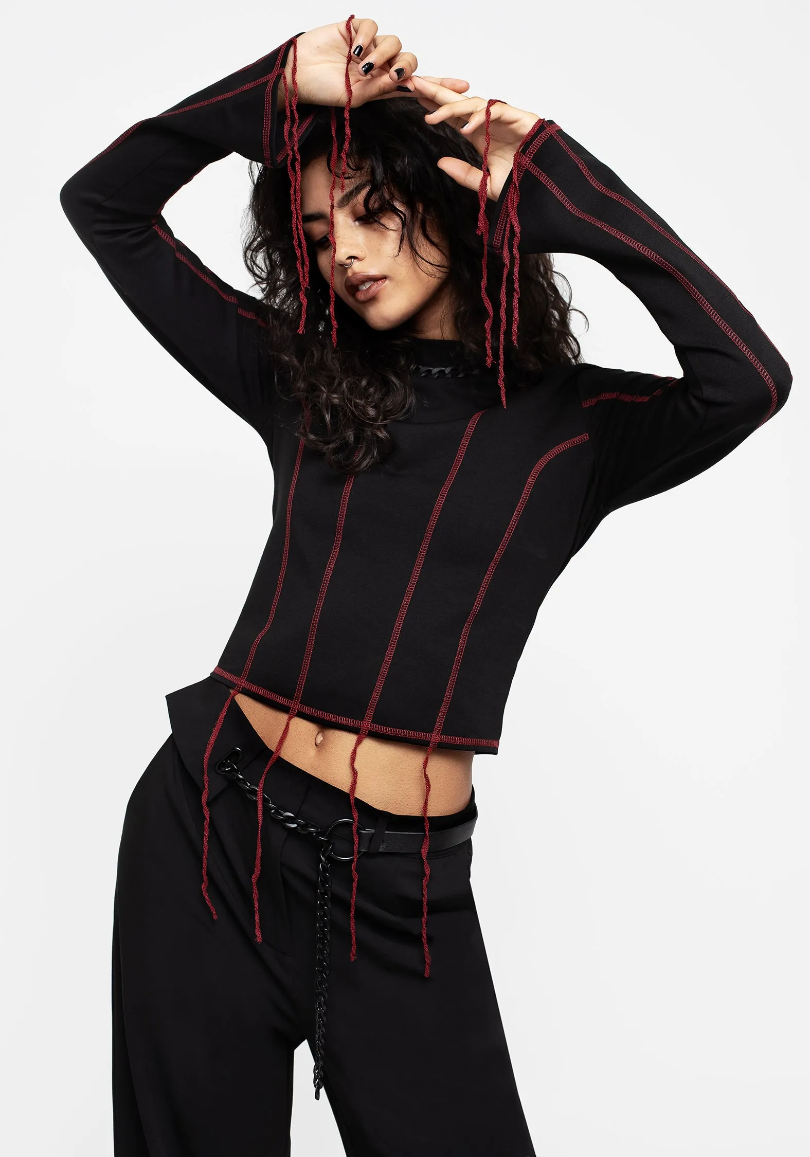 Lissa Contrast Stitch Long Sleeve Top FourWay Stretch Fabric