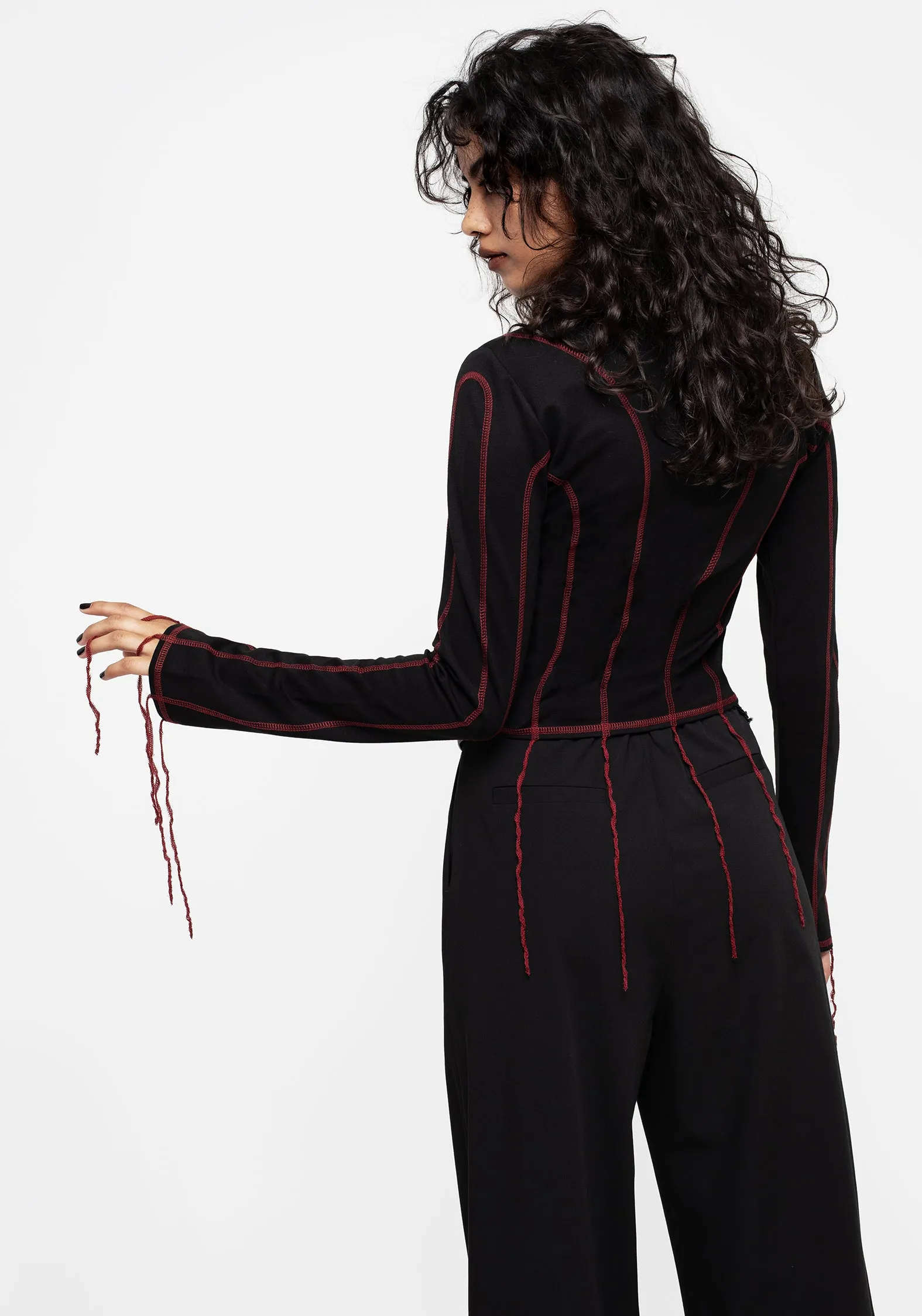 Lissa Contrast Stitch Long Sleeve Top Loose Blouse WrinkleResistantFinish