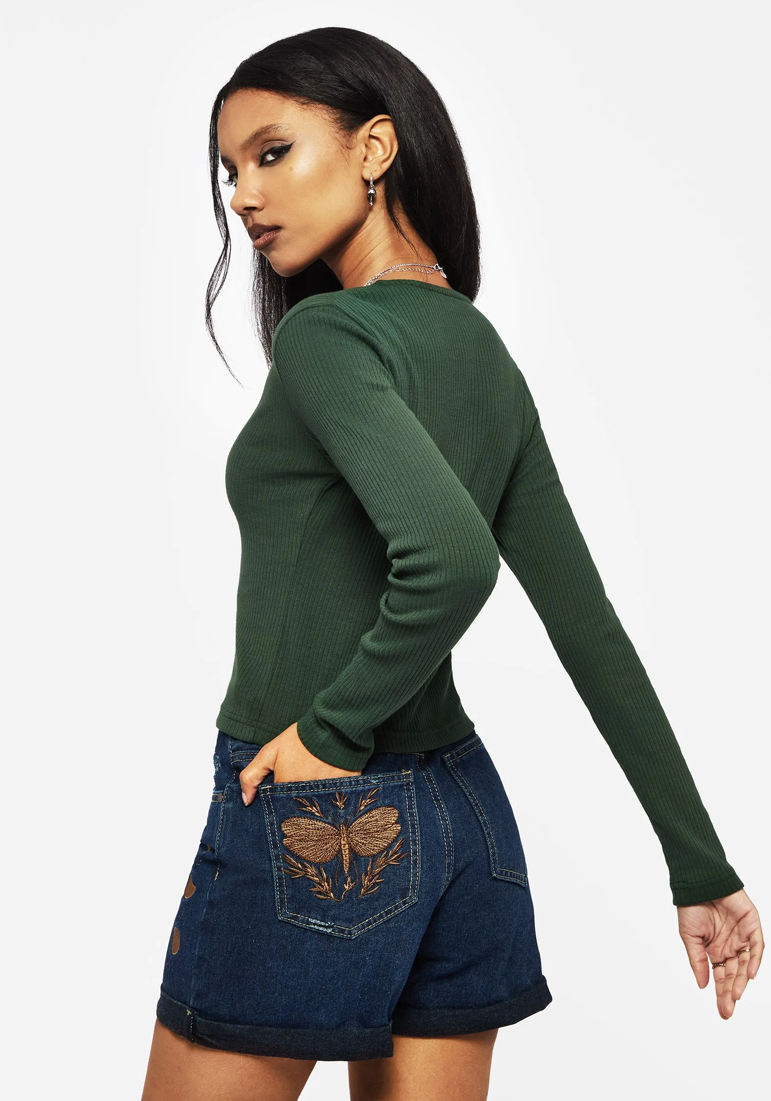 Surcantine Rib Button Up Long Sleeve Top GarmentWashedFinish NonFade Dye