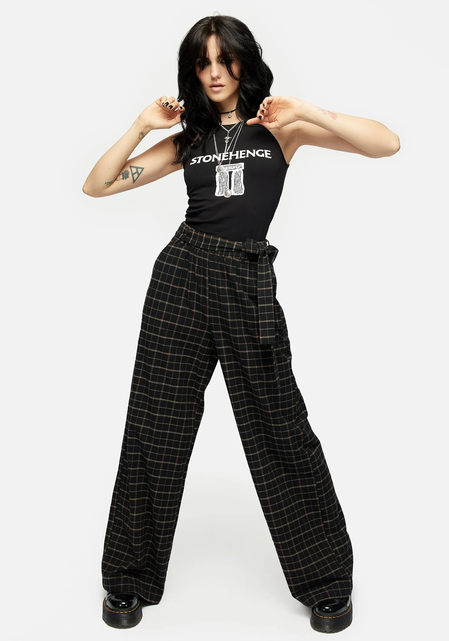 Elegant Flow Ransom Tie Waist Check Trousers