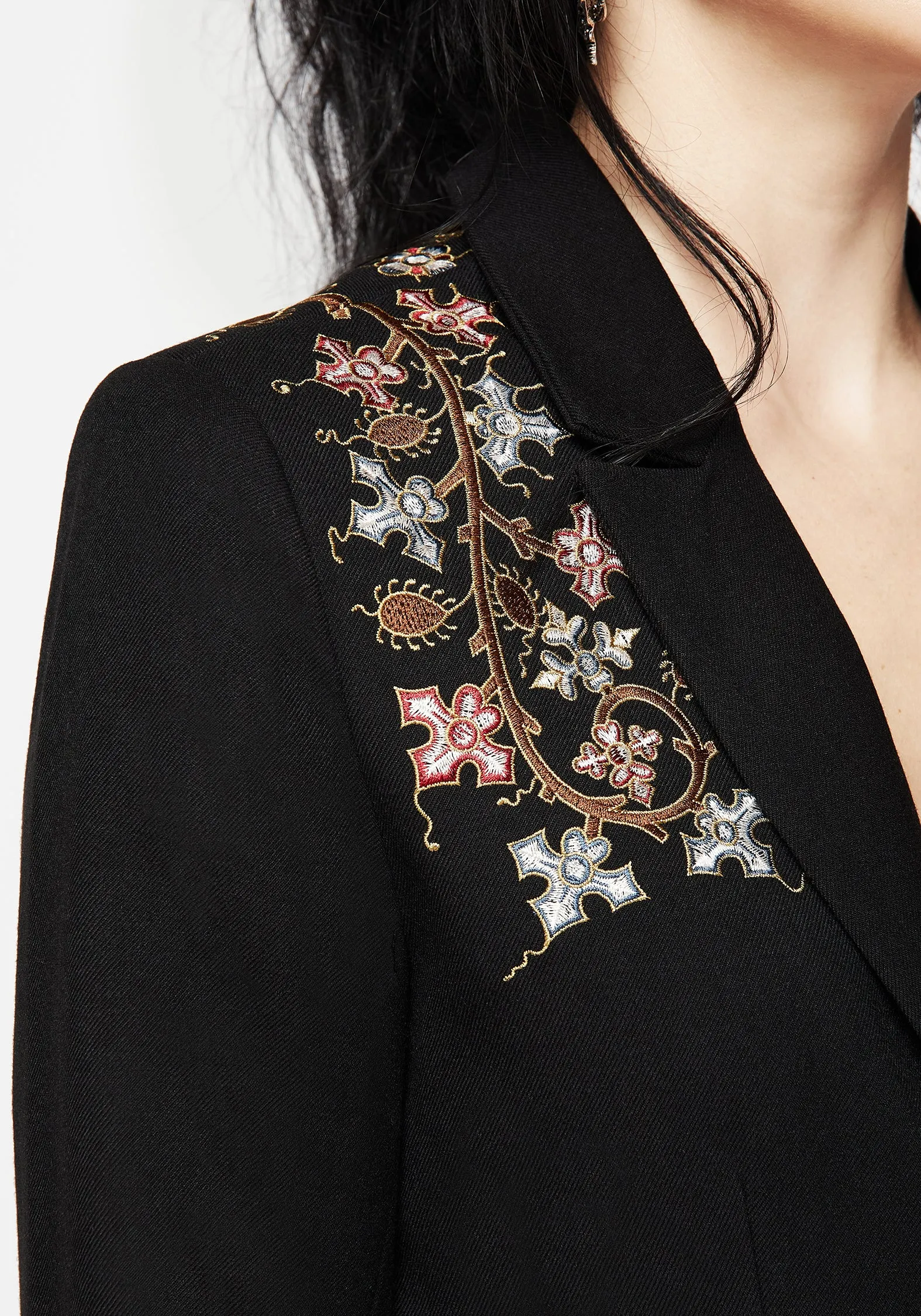 Nasturtium Floral Embroidered Relaxed Blazer Lightweight Weave Material Soft Wool