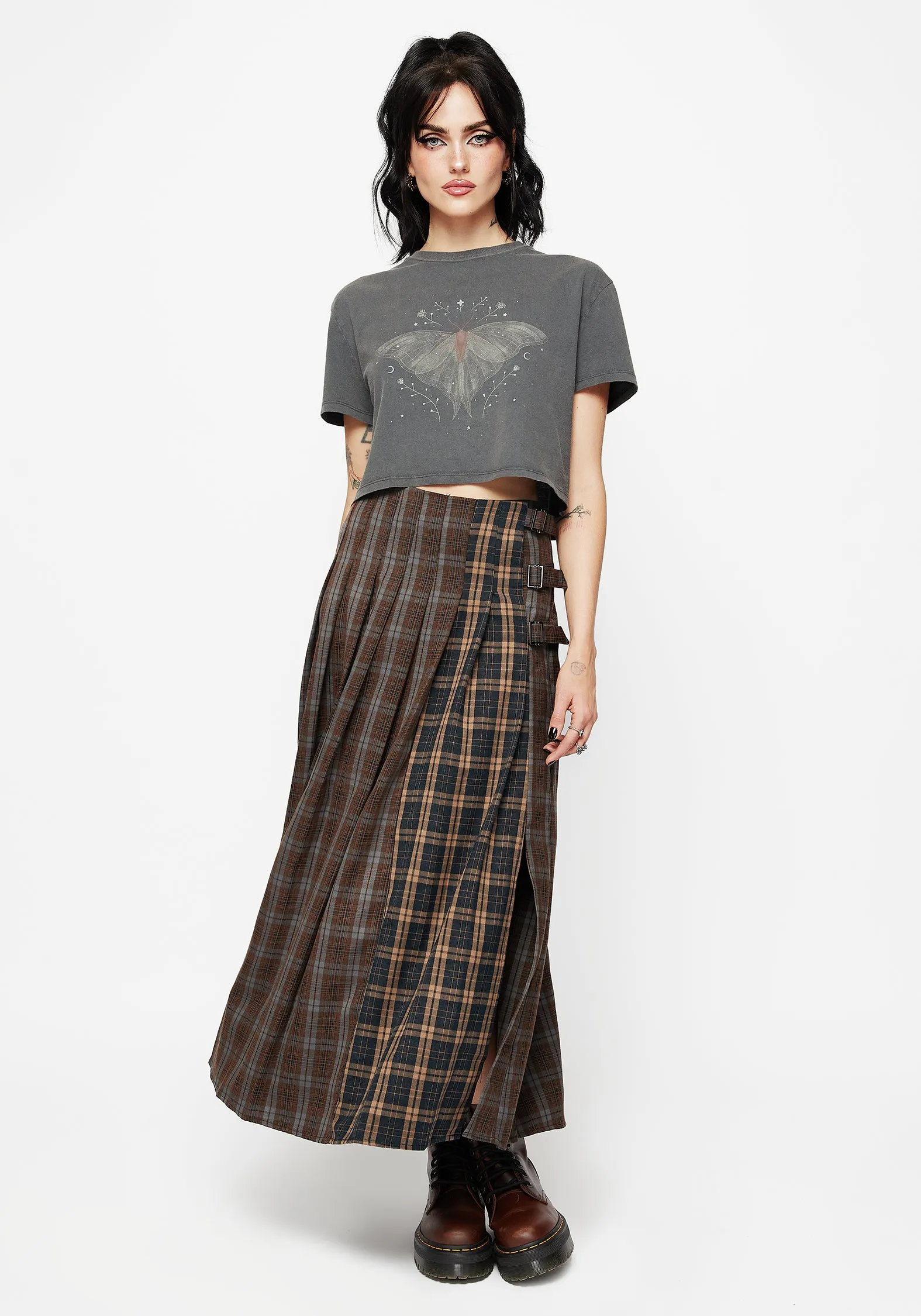 Bestseller Item Urban Edge Raven Pleated Check Buckle Detail Maxi Skirt