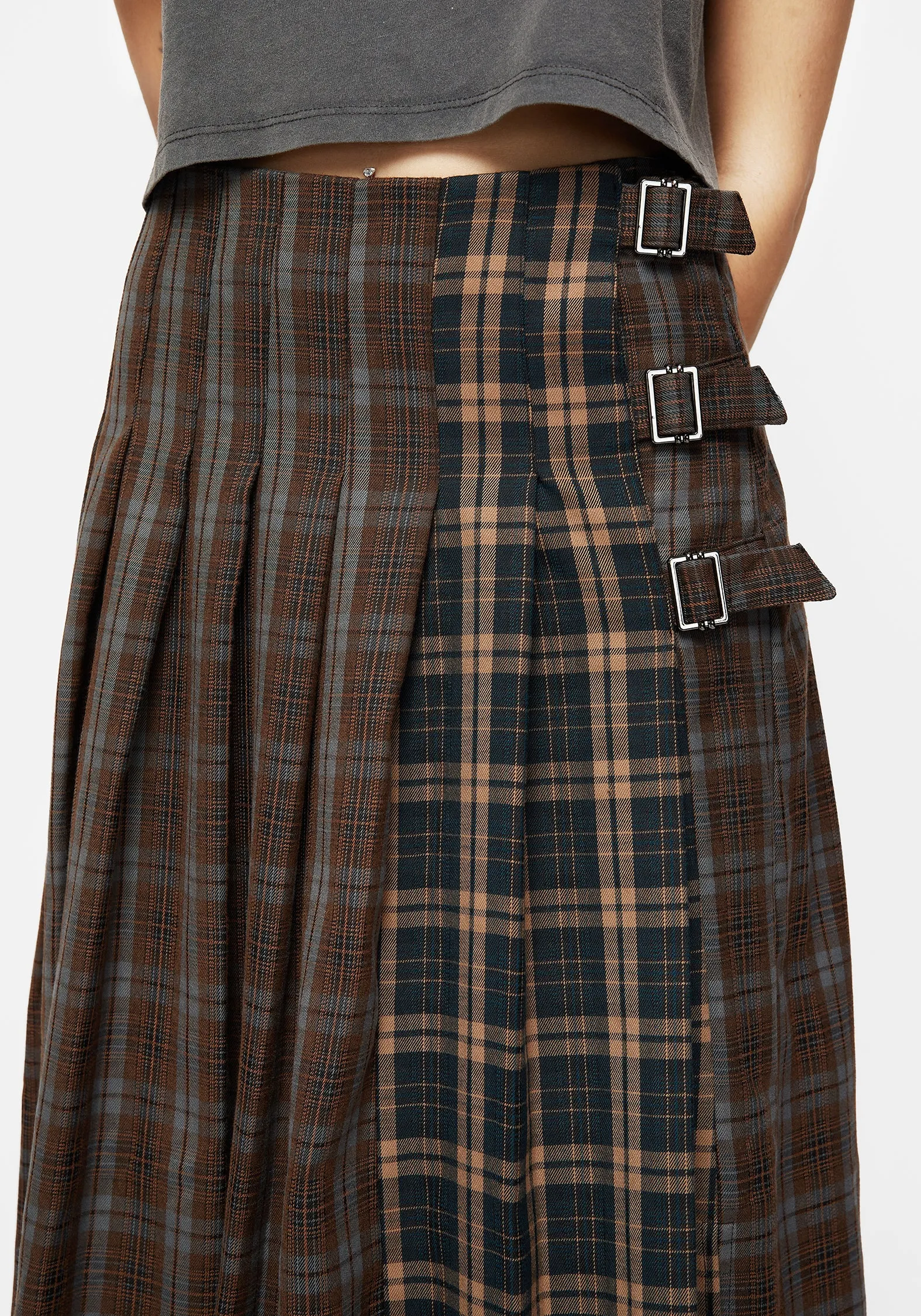 Raven Pleated Check Buckle Detail Maxi Skirt anti static Neutral palette