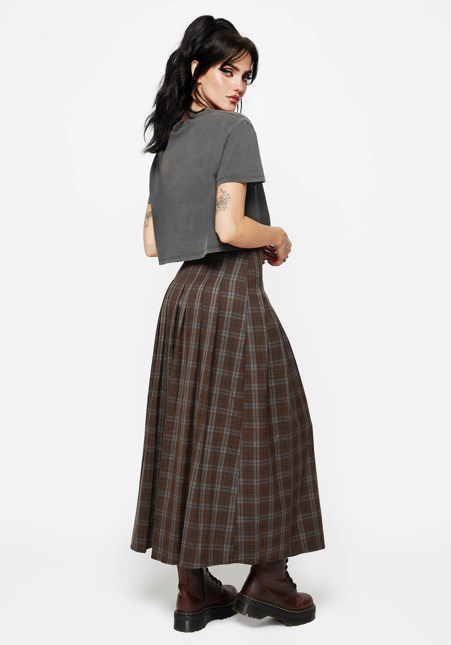 Raven Pleated Check Buckle Detail Maxi Skirt Occasion Dressing