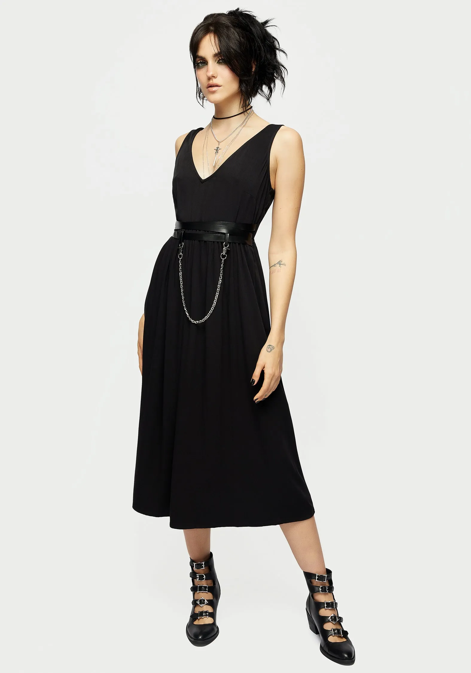 Raven V-Neck Sleeveless Chain Midi Dress Silk Shine