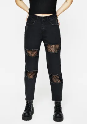 Low Impact Manufacturing Street Fashion Parent Style Cobweb Distressed Denim Jeans