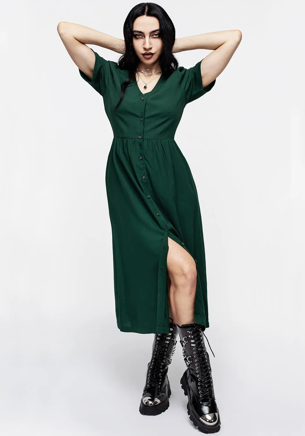 Realm Button Down Midi Dress - Sycamore Green Refined Vibe Dreamy Drape