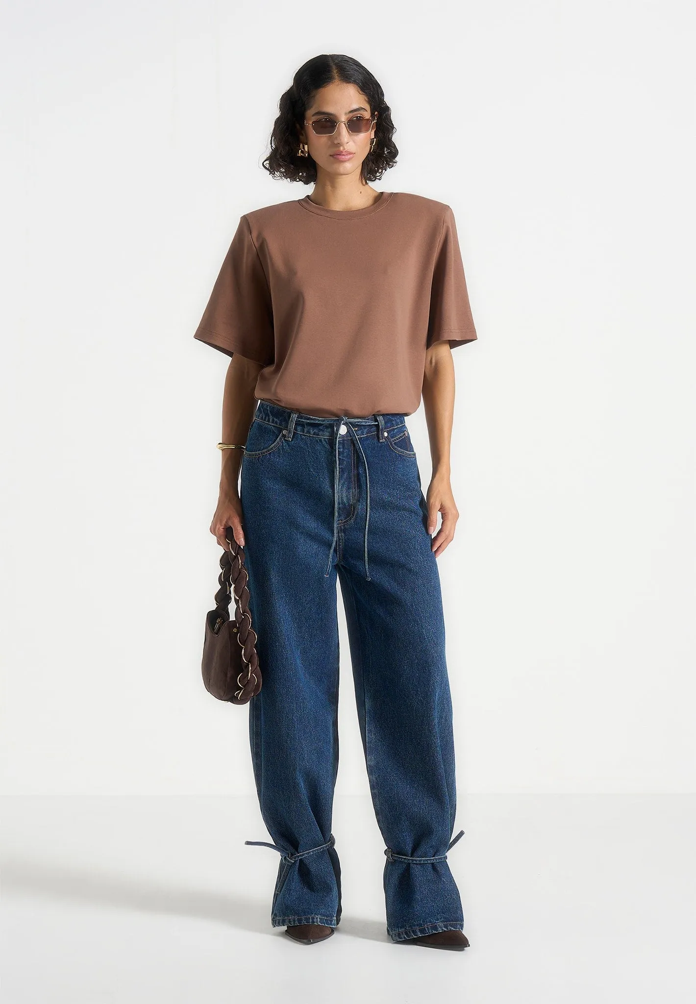 Faye - Wide Mid Rise Jeans With Tie Waist - Indigo Natural Style Subtle Look