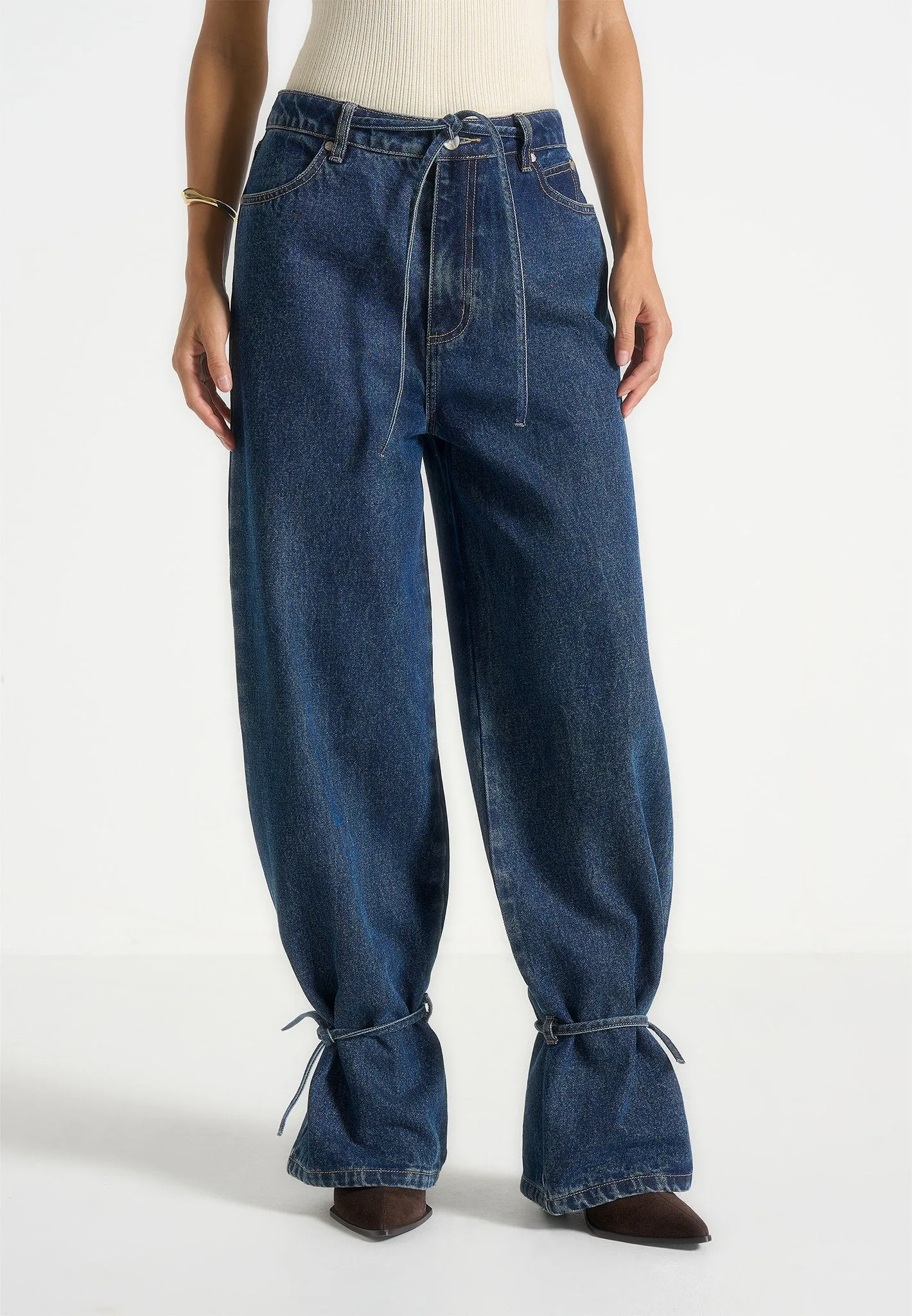 Faye - Wide Mid Rise Jeans With Tie Waist - Indigo Evening Stroll Stretch Breathable Simple Aesthetic