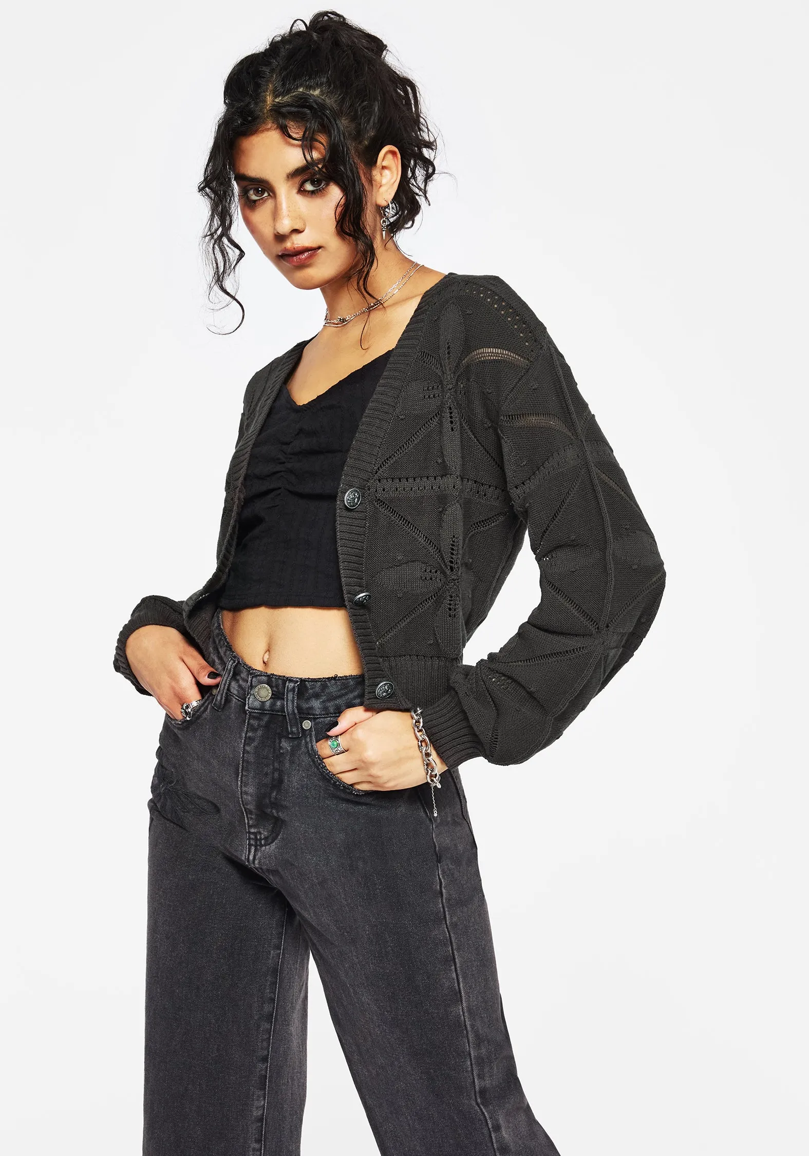 Pure Shape Alda Floral Pointelle Balloon Sleeve Knit Cardigan