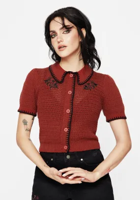 Saffron Floral Embroidered Scallop Collar Pointelle Knit Cardigan Urban Look PreShrunk Material