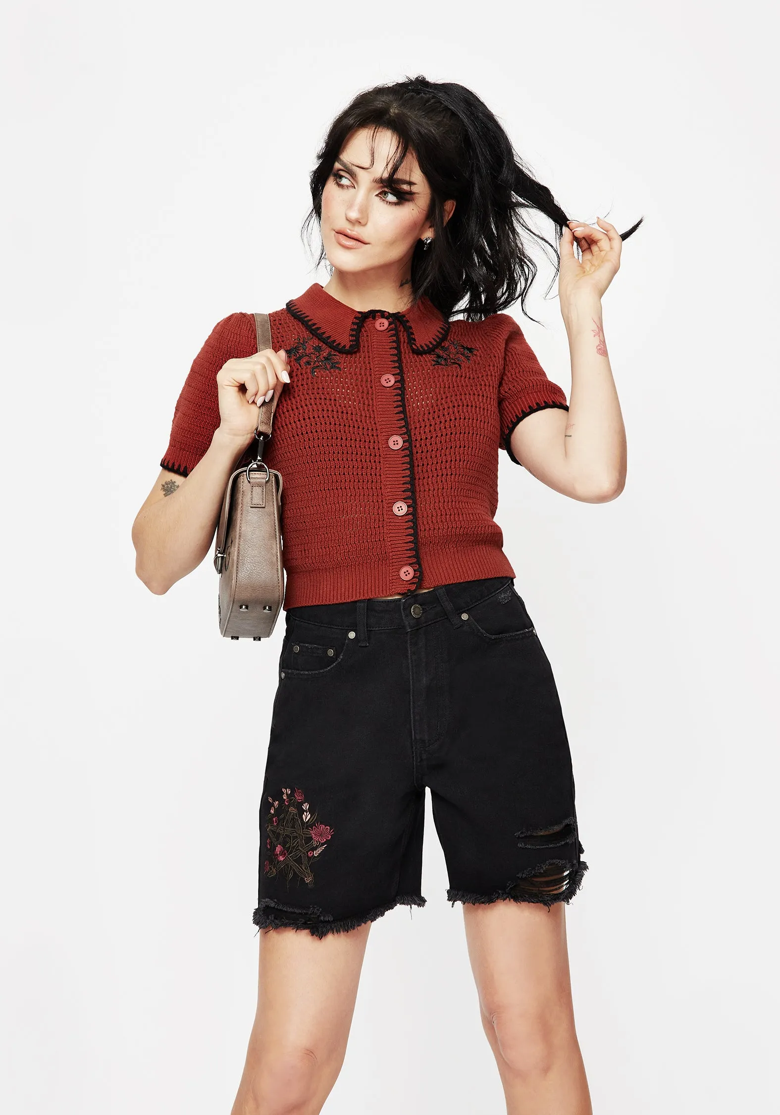 Saffron Floral Embroidered Scallop Collar Pointelle Knit Cardigan Basic Layer Mild Weather