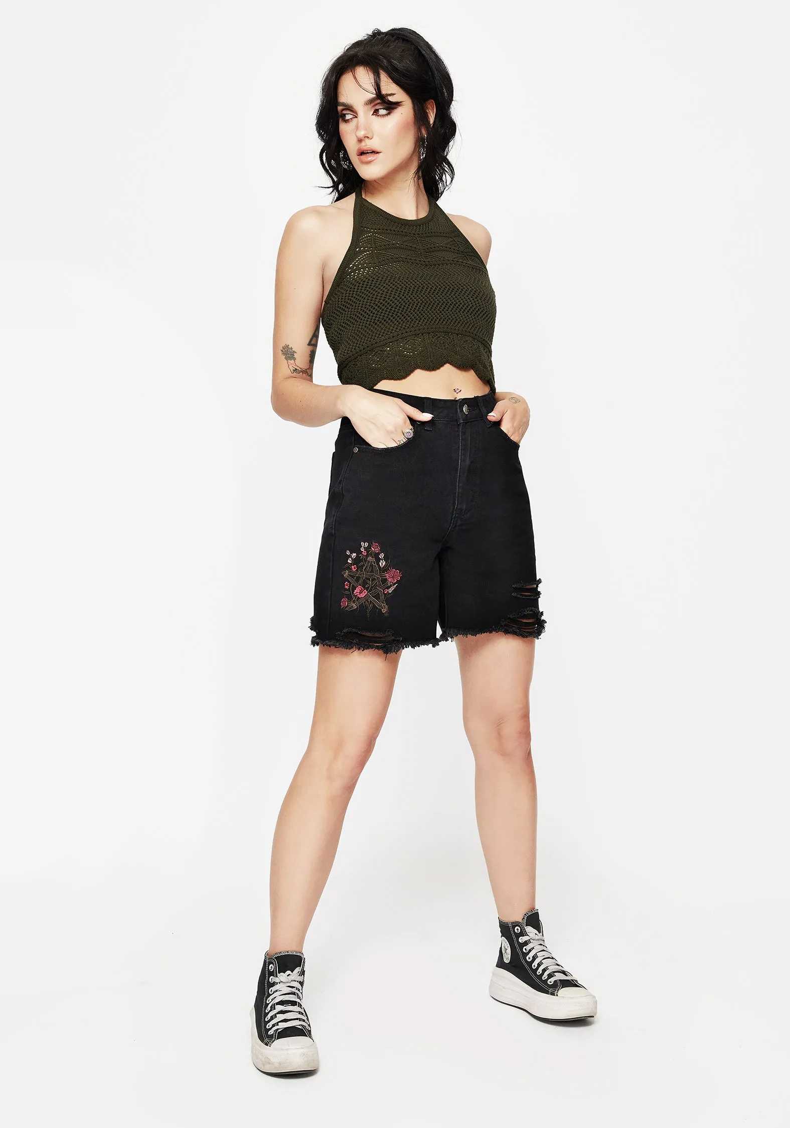 Reinforced Seams Aster Floral Embroidered Mid Length Denim Shorts