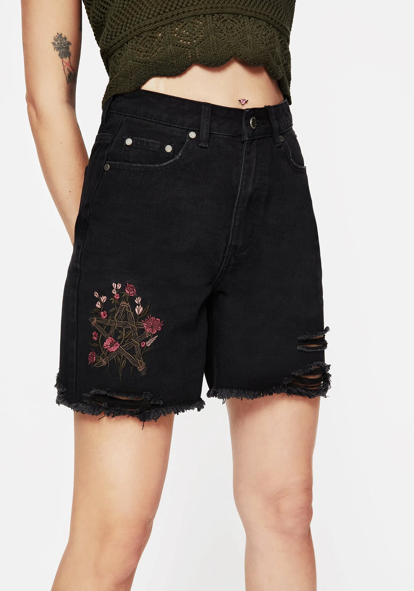 Aster Floral Embroidered Mid Length Denim Shorts Urban Edge