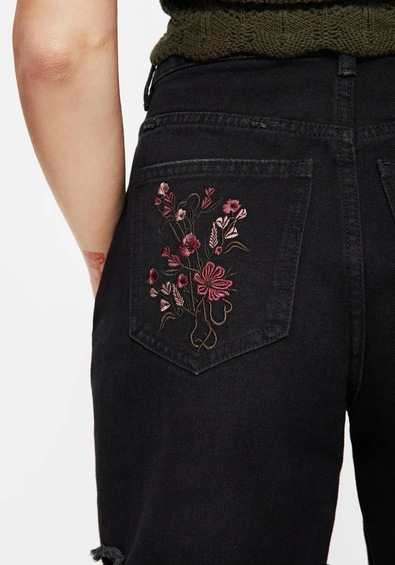 Print Mix smooth zipper Aster Floral Embroidered Mid Length Denim Shorts