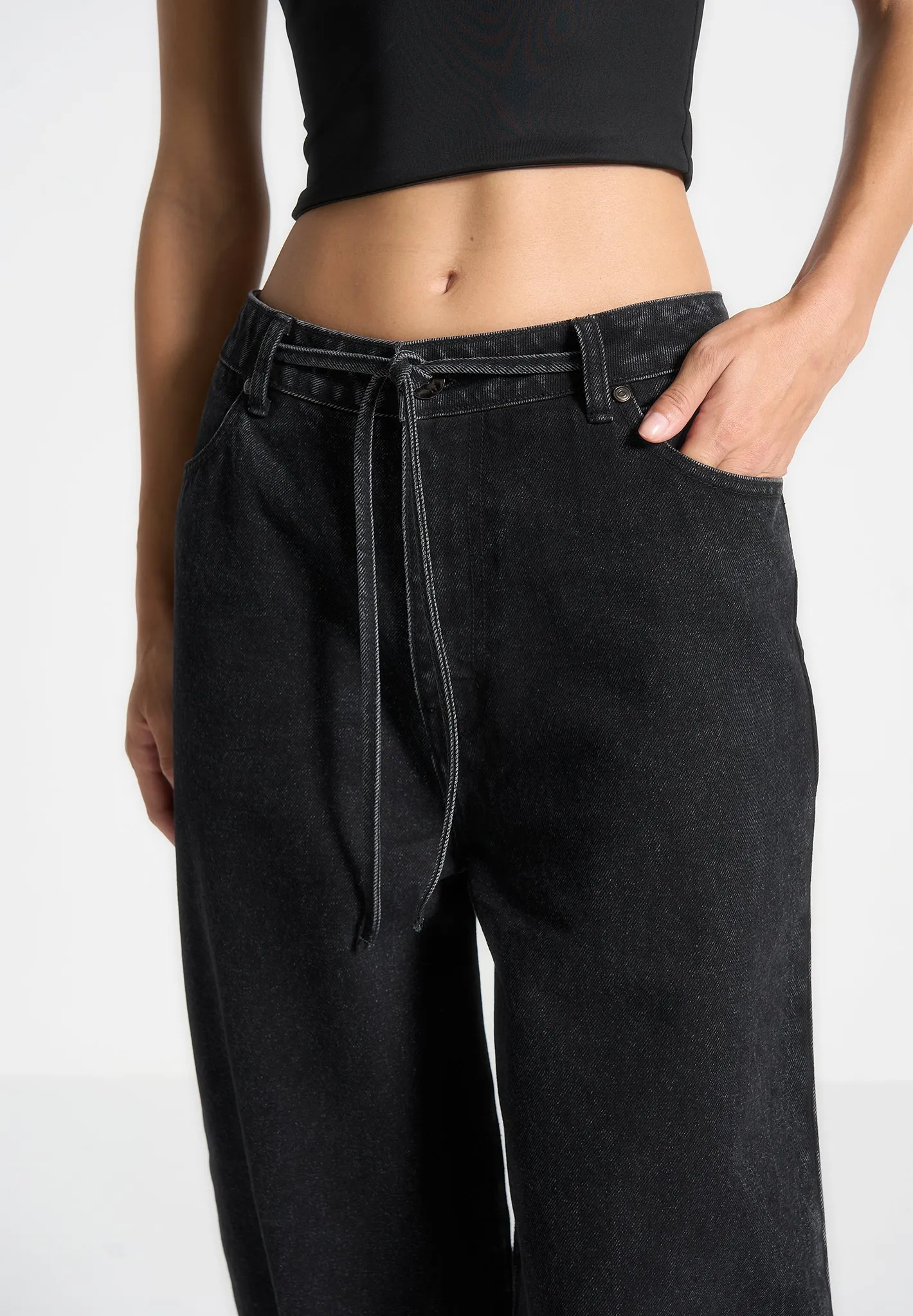 Faye - Wide Mid Rise Jeans with Tie Waist - Washed Black Softened Texture Seamless Waistband Finish