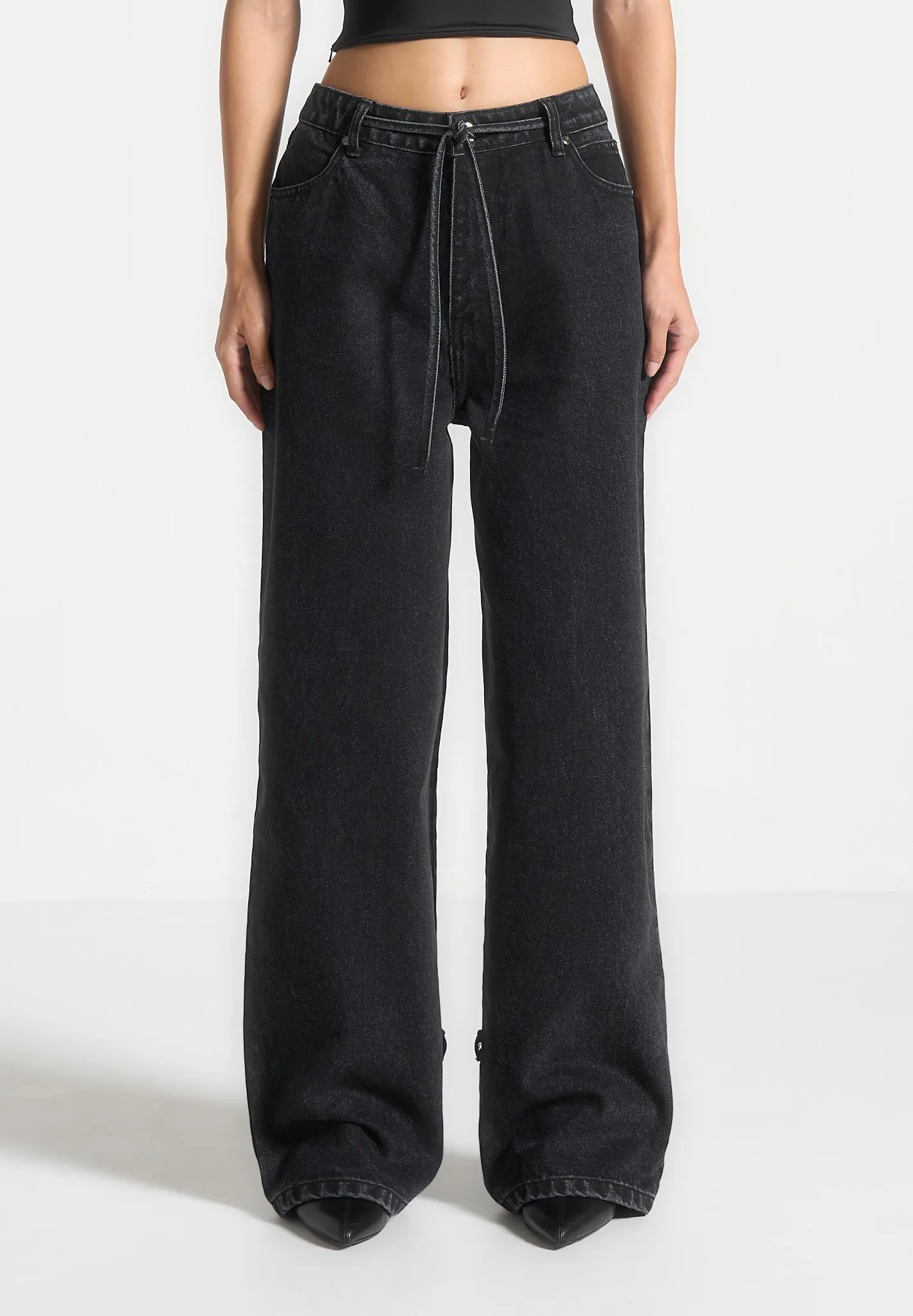 Faye - Wide Mid Rise Jeans with Tie Waist - Washed Black Everyday Piece