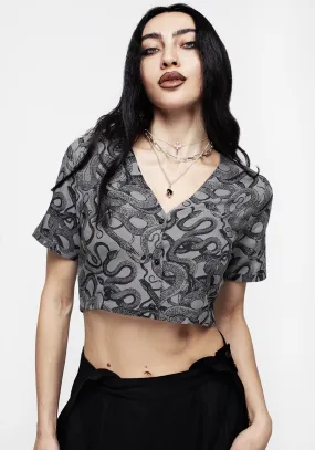Ophidia Snakes Print Button Down Crop Top - Grey OdorControl Eco Friendly Dye